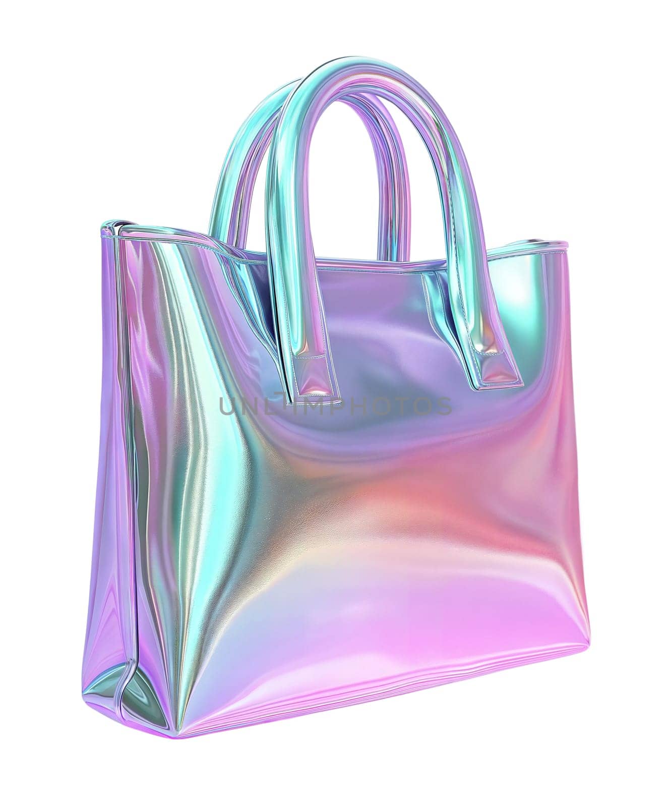 Futuristic holographic shopping bag with glossy iridescent surface, modern fashion accessory, retail and luxury packaging, isolated on white background