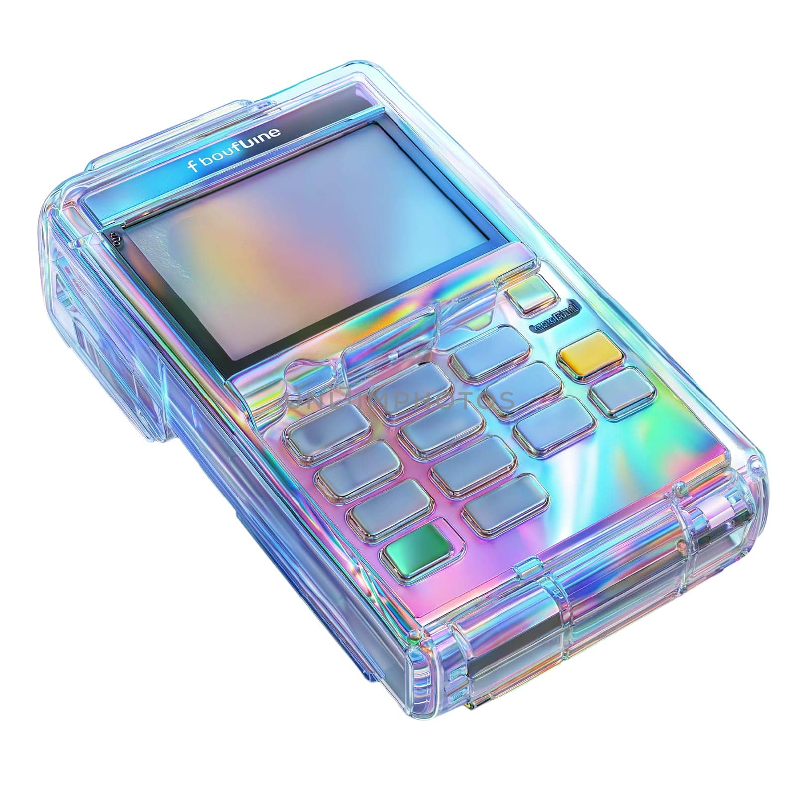 Futuristic holographic payment terminal isolated on white background. Iridescent POS device with digital keypad and rainbow screen for transactions