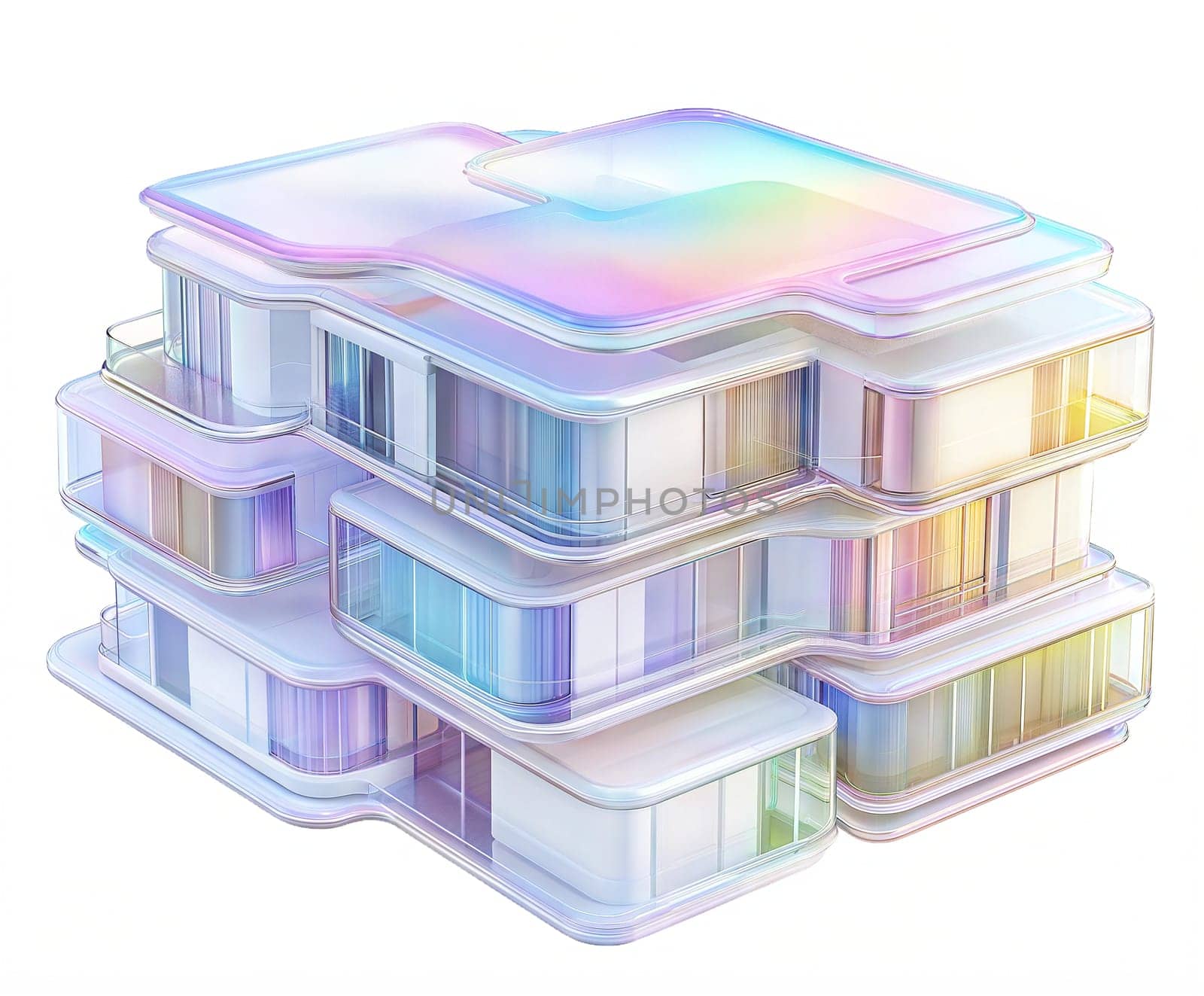 Futuristic glossy building with iridescent glass facade, isolated on white background. Modern architecture, sci-fi structure, innovative cityscape, cyberpunk, luxury design, high-tech office