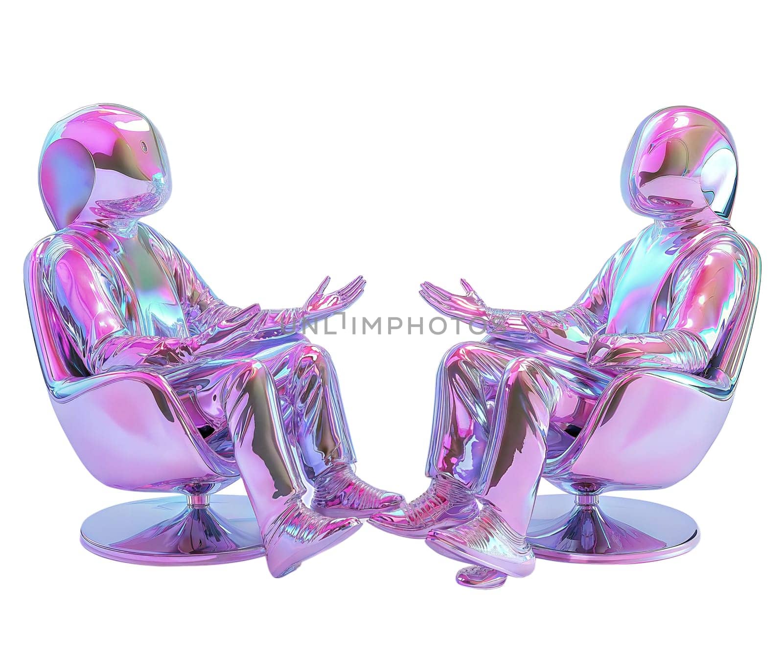 Two futuristic iridescent humanoid robots sit in modern chairs, engaged in a conversation, isolated on white background. High-tech and cyberpunk aesthetic