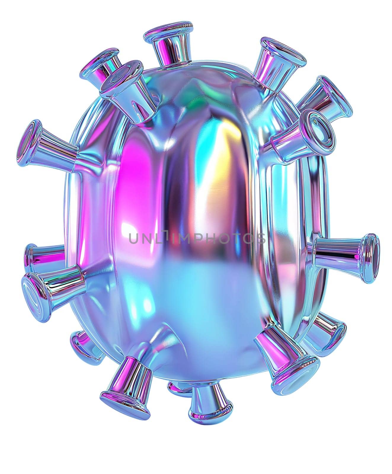 Futuristic holographic virus cell with iridescent reflective surface, concept of microbiology, disease, infection, and medical research, isolated on white background.