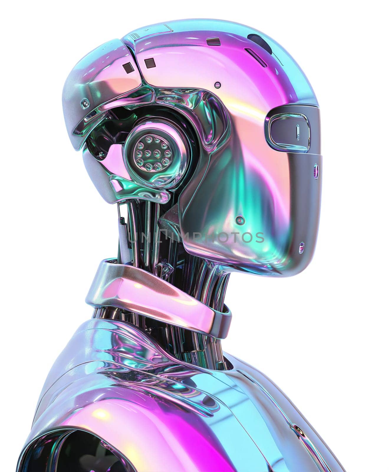 Futuristic humanoid robot isolated on white background. High-tech AI android with sleek iridescent design, cybernetic intelligence, glossy metallic finish, and advanced robotics aesthetics.