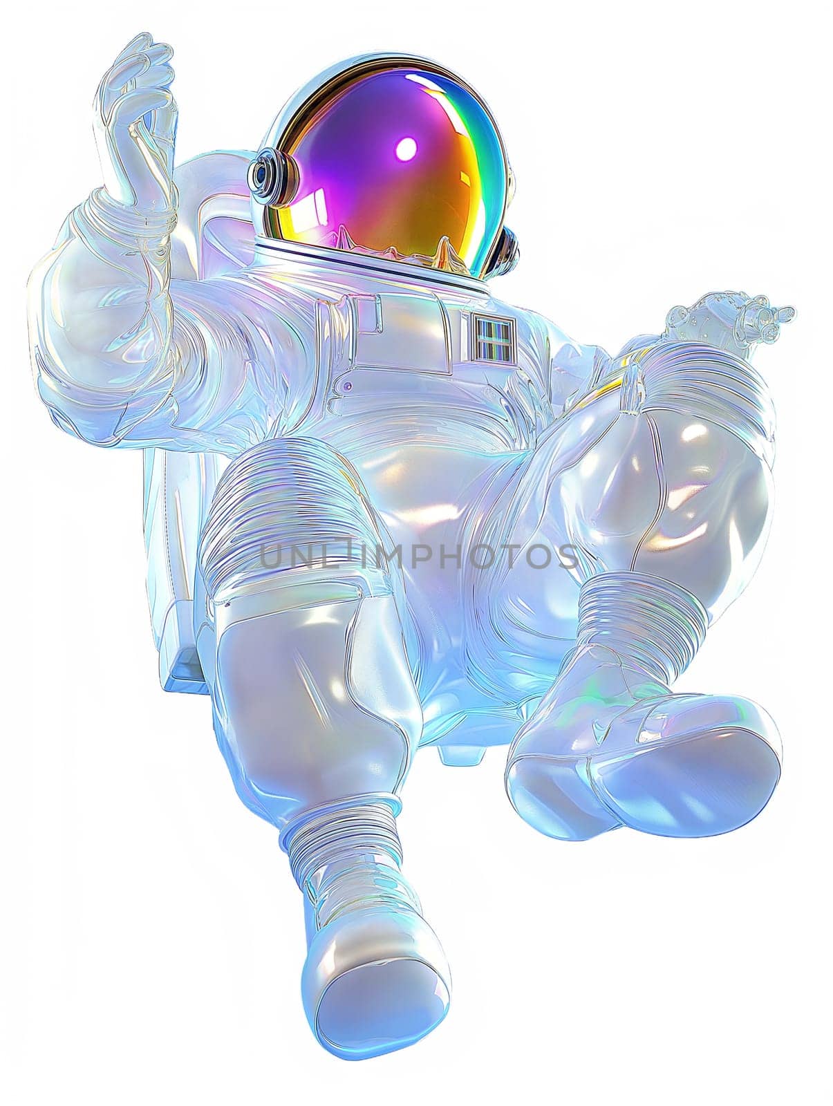 Futuristic holographic astronaut with iridescent reflective space suit, floating in zero gravity, sci-fi and space exploration concept, isolated on white background.