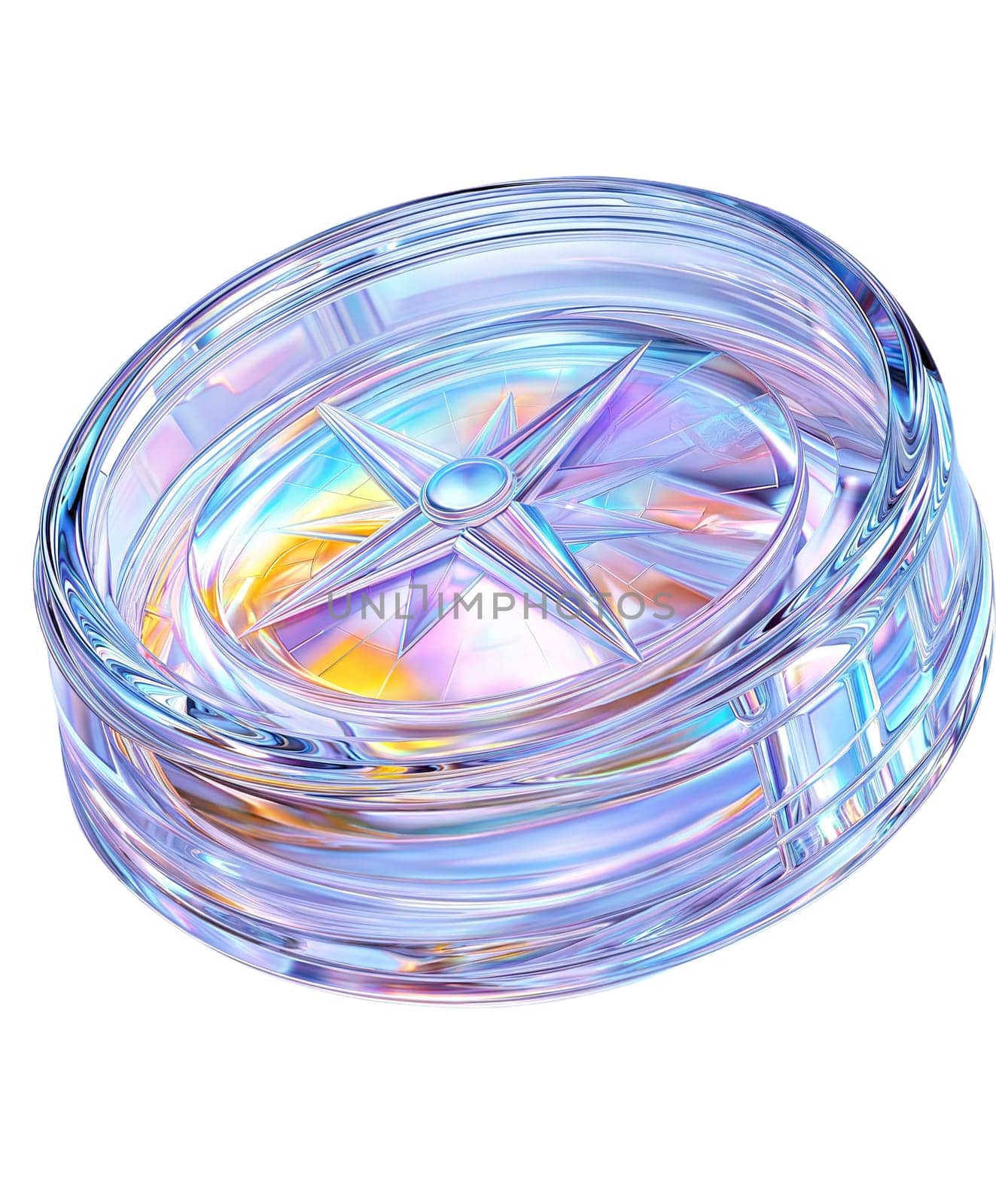 Futuristic iridescent compass isolated on white background.