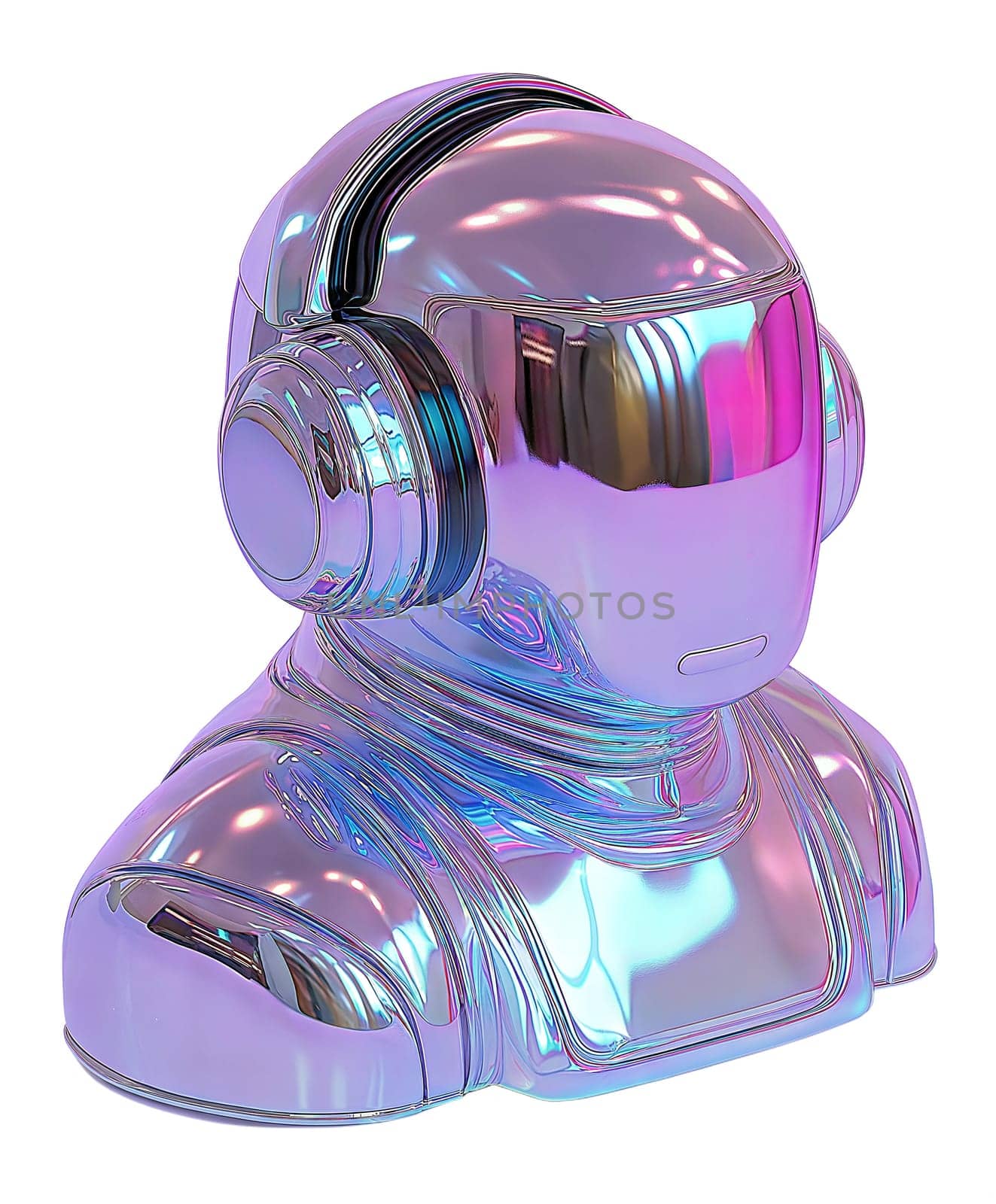 Futuristic glossy robot head with headphones isolated on white background. Cyberpunk AI, sci-fi humanoid design, iridescent high-tech bot, digital assistant concept