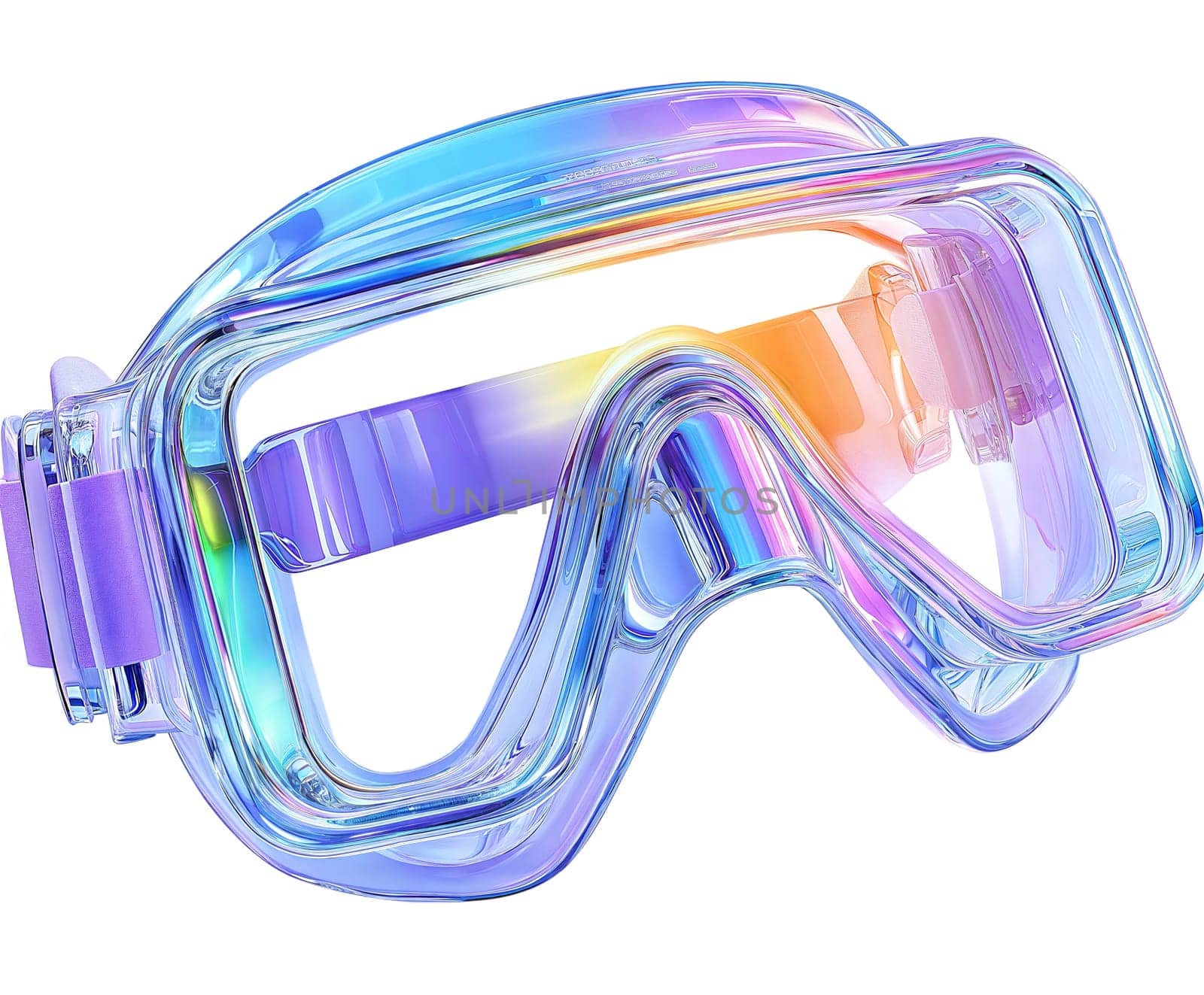 Futuristic holographic diving goggles with iridescent reflective surface, modern underwater and sports accessory, isolated on white background.