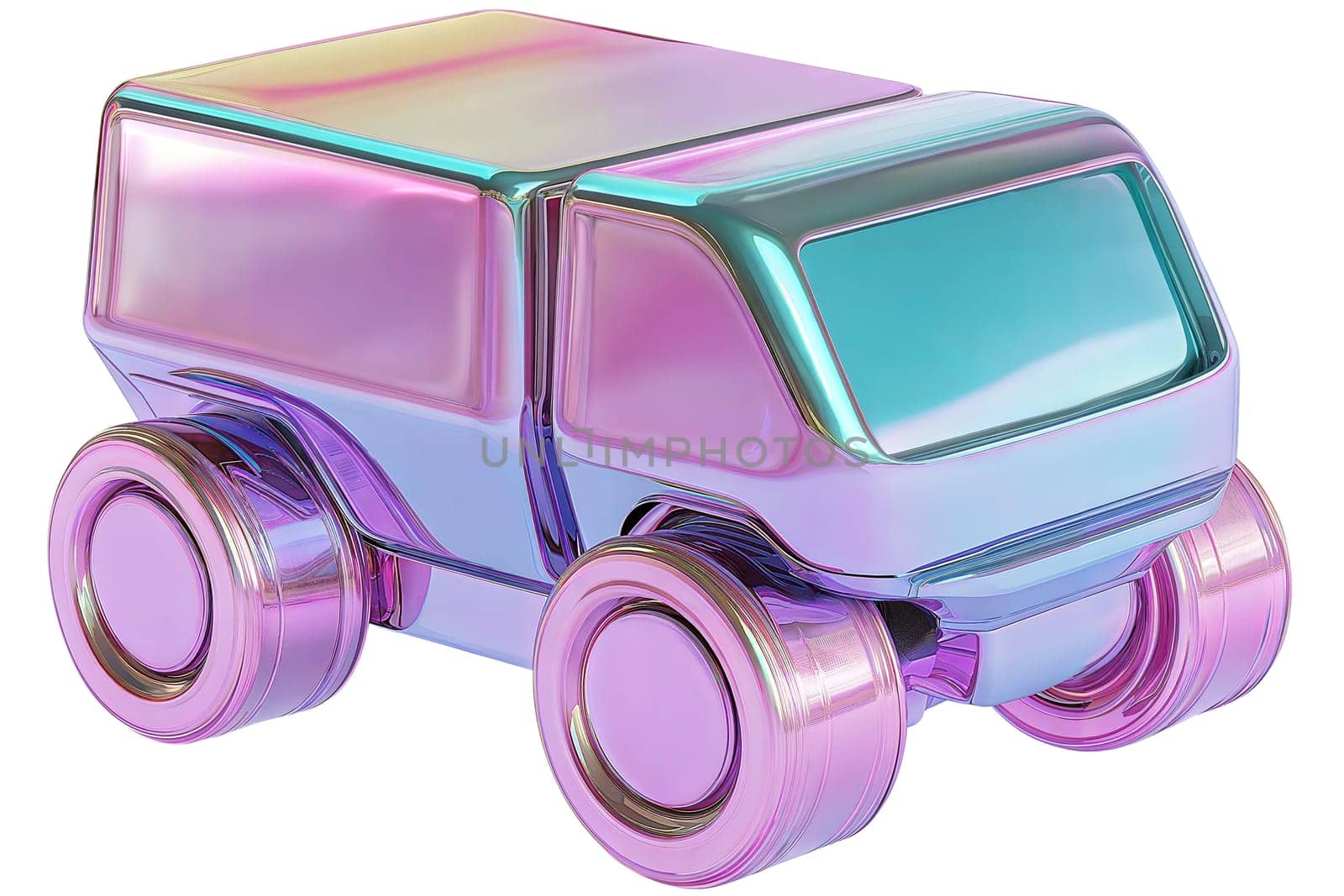 Futuristic holographic toy truck isolated on white background. Glossy iridescent miniature vehicle, sci-fi transportation design, cyberpunk aesthetic, high-tech futuristic toy car