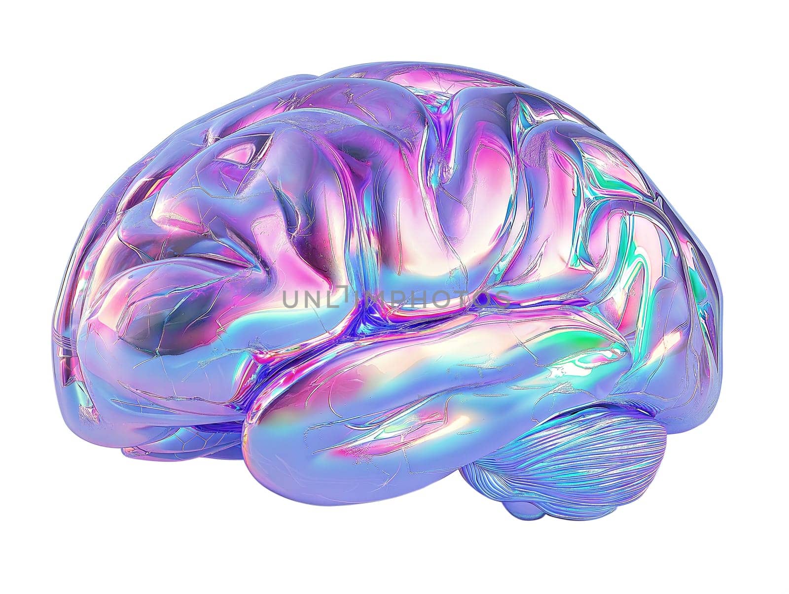 Futuristic holographic brain with iridescent reflective surface, symbolizing artificial intelligence, neuroscience, and digital thinking, isolated on white background.