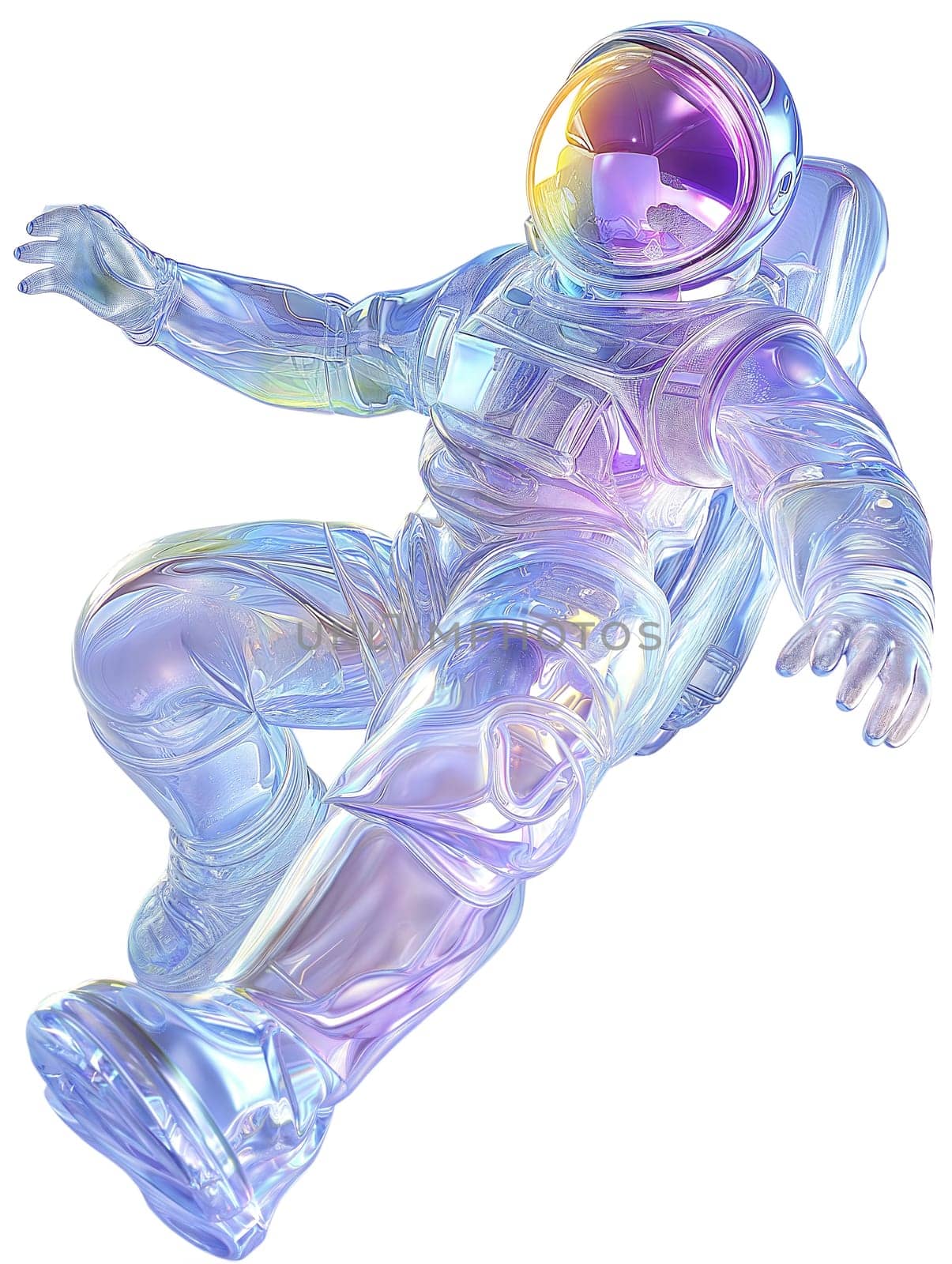 Futuristic holographic astronaut with iridescent reflective space suit, floating in zero gravity, sci-fi and space exploration concept, isolated on white background.