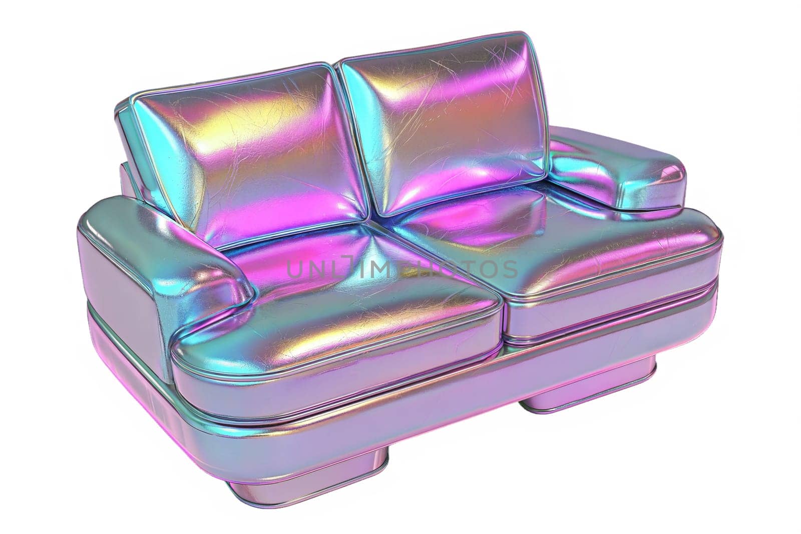 Modern holographic sofa with iridescent reflective surface, stylish and futuristic furniture design, isolated on white background.