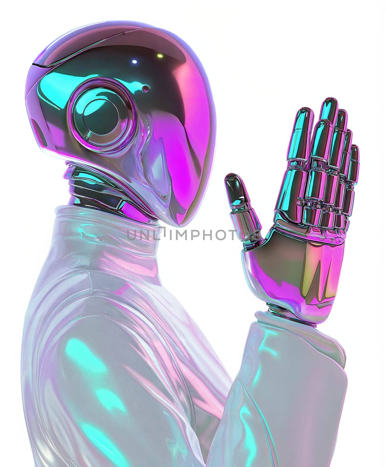 Futuristic humanoid robot with cybernetic hand waving isolated on white background. Glossy iridescent android with high-tech design, AI assistant, sci-fi artificial intelligence