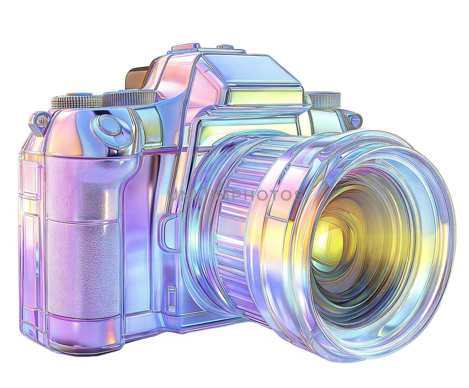 Futuristic camera isolated on white background. Glossy, iridescent DSLR with high-tech lens, modern photography equipment, cyberpunk aesthetic, advanced imaging technology, and sleek futuristic design