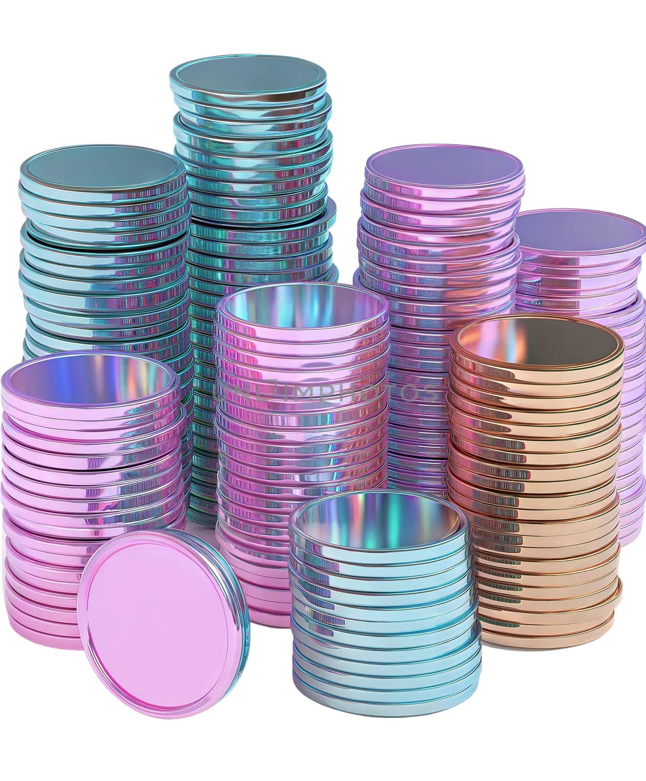 Stacks of futuristic iridescent coins with a glossy, holographic finish, isolated on white background. Cyberpunk digital currency concept.