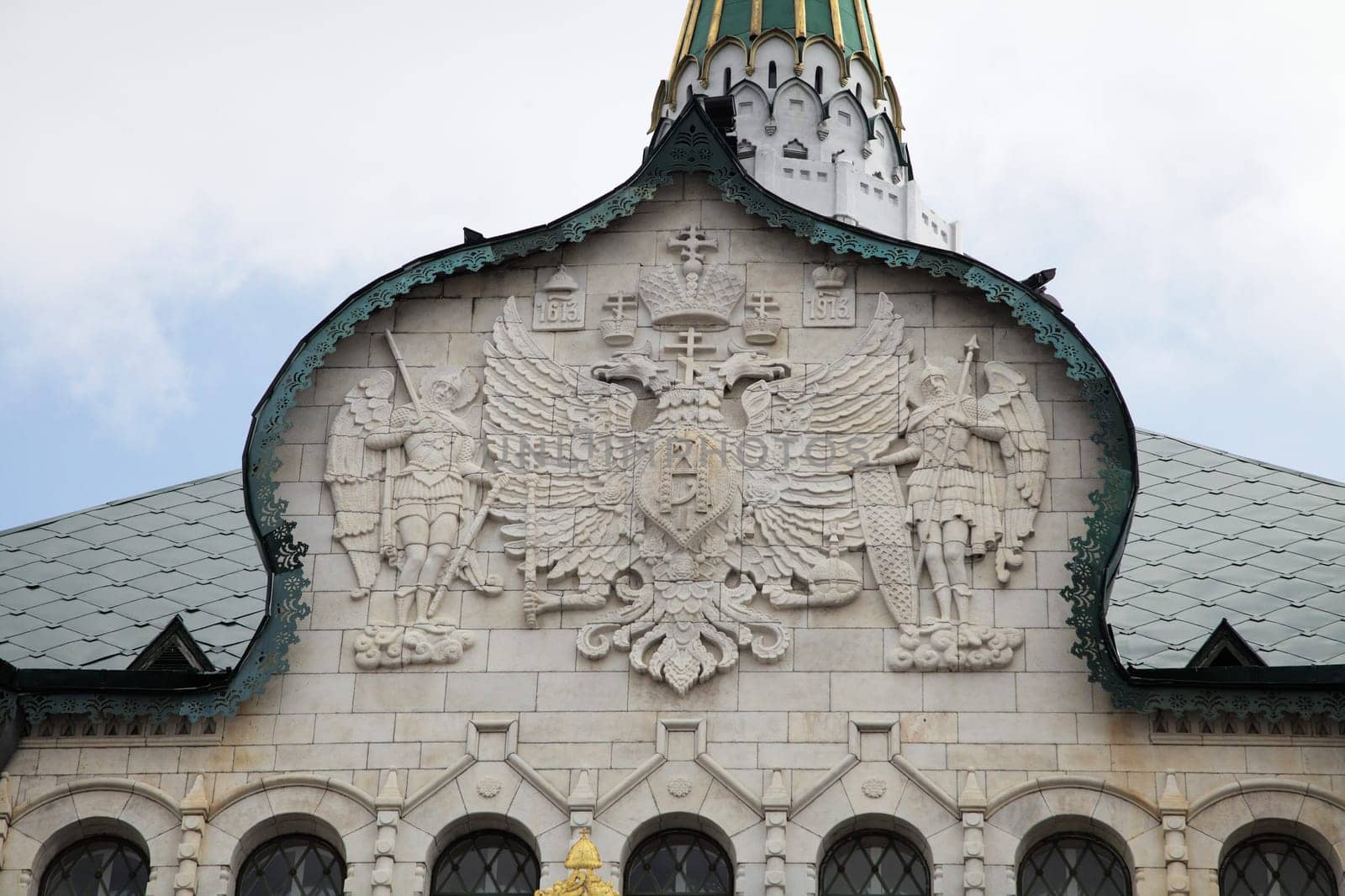 Ornate carvings and decorative elements adorn the historic architecture of State Bank in Nizhny Novgorod, Russia.