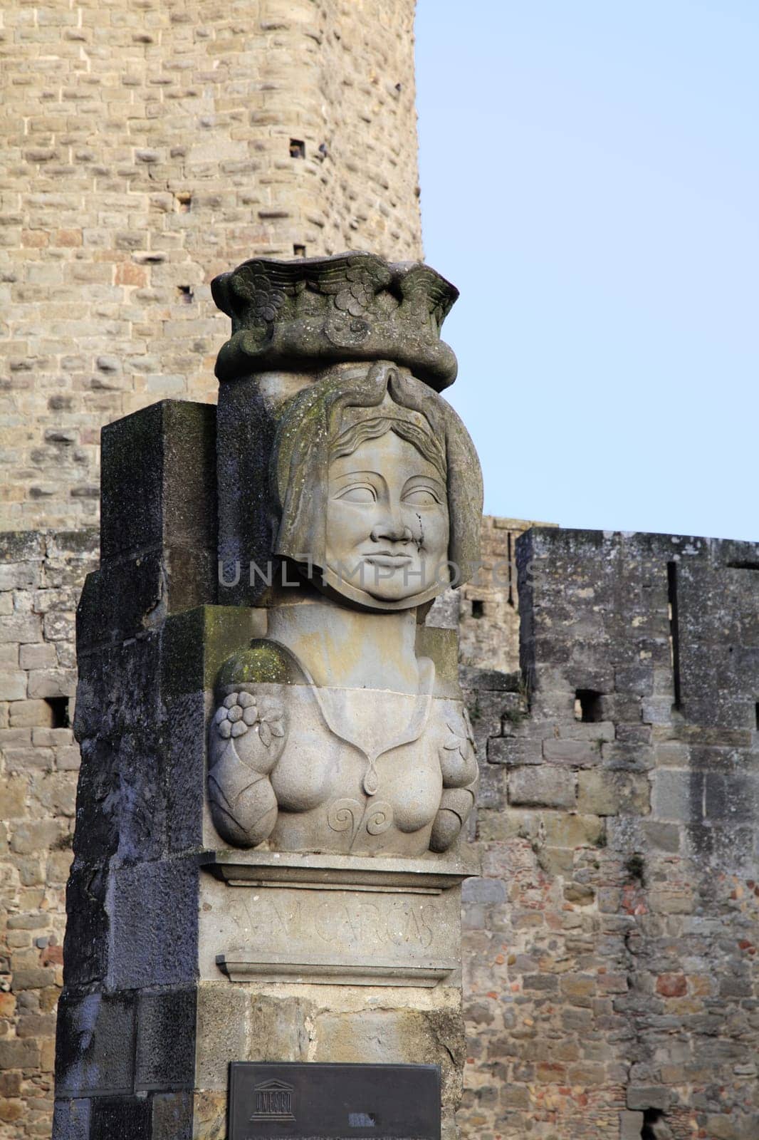 This captivating stone sculpture stands proudly in Carcassonne, showcasing local artistry.
