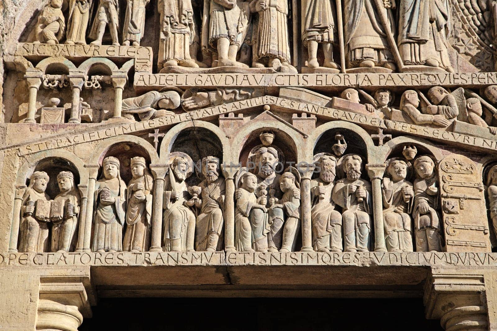 The elaborate sculptures showcase Biblical figures and motifs along the church's entrance in Conques.