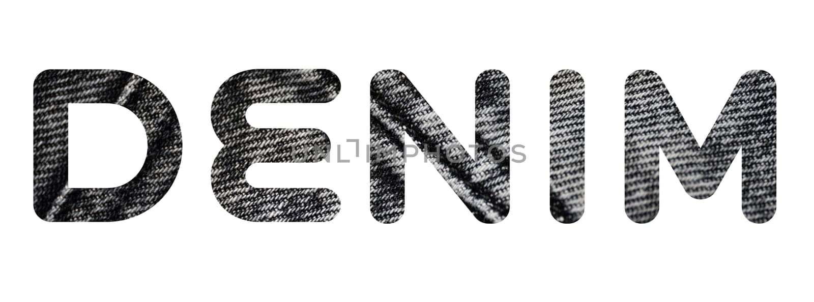 Word DENIM from denim grey pattern of folded jeans background. Fashion, stock and magazine concept. Denim font. High quality photo