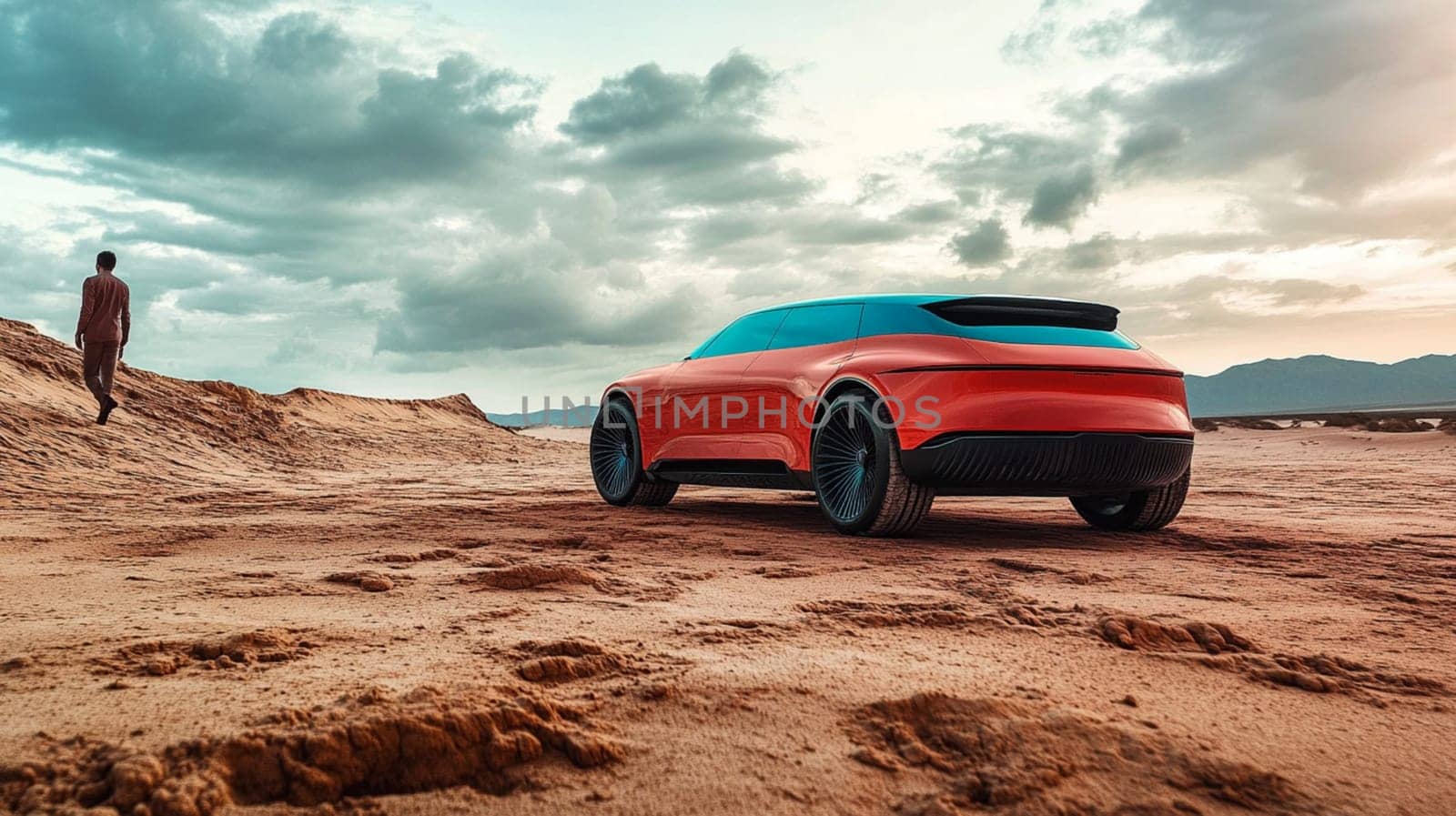 Red futuristic car parked in the desert, a man walking away under a dramatic sky. Adventure, freedom, innovation, and luxury in one image