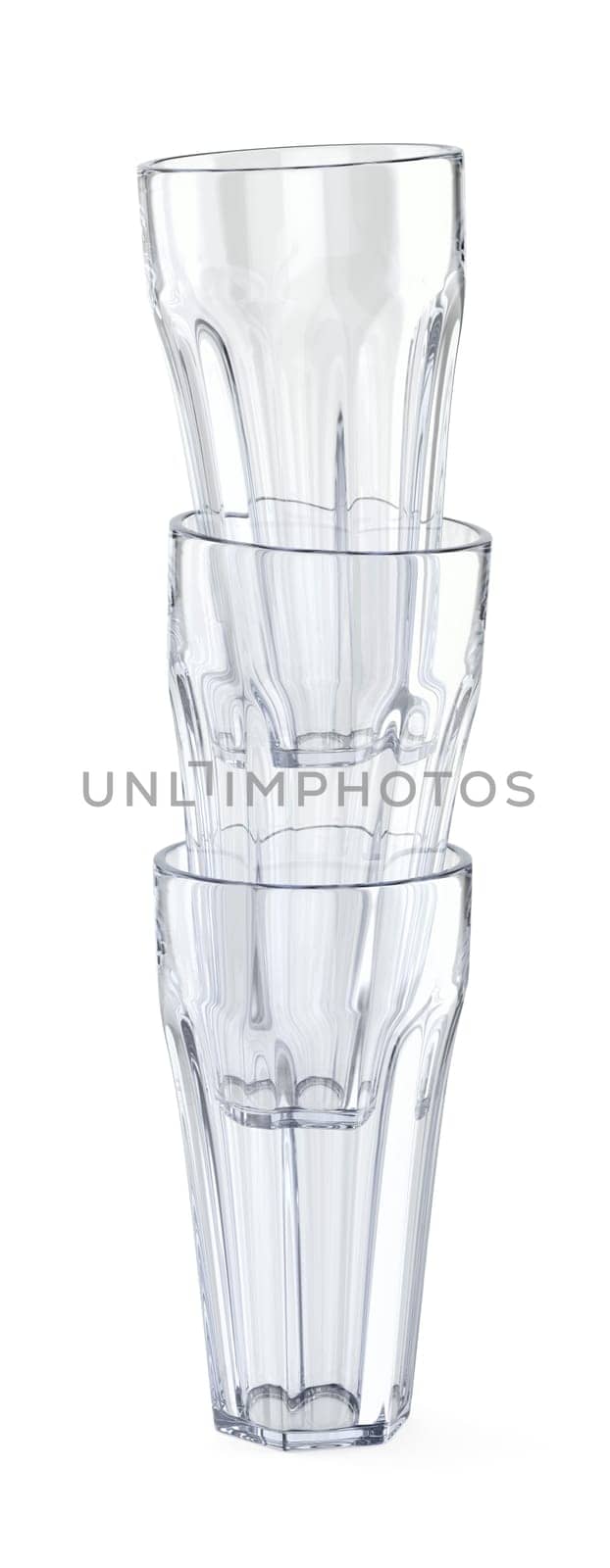 Stack of three empty hexagonal glass cups on a white background
