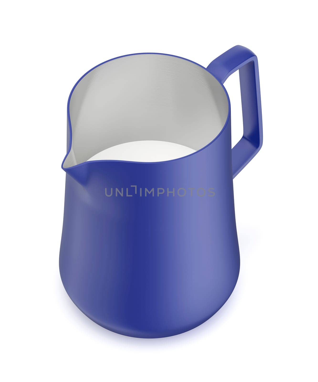 Blue metal milk frothing pitcher on white background