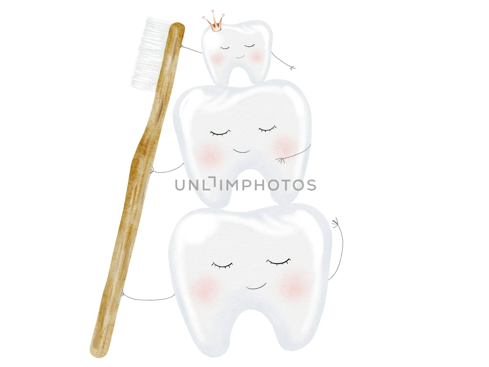 Tooth watercolor. Cute cartoon baby teeth with toothbrush on isolated white background. Dental clip art. Ideal for cards and invitations to the party baby's first tooth, posters in the doctor's office. High quality illustration