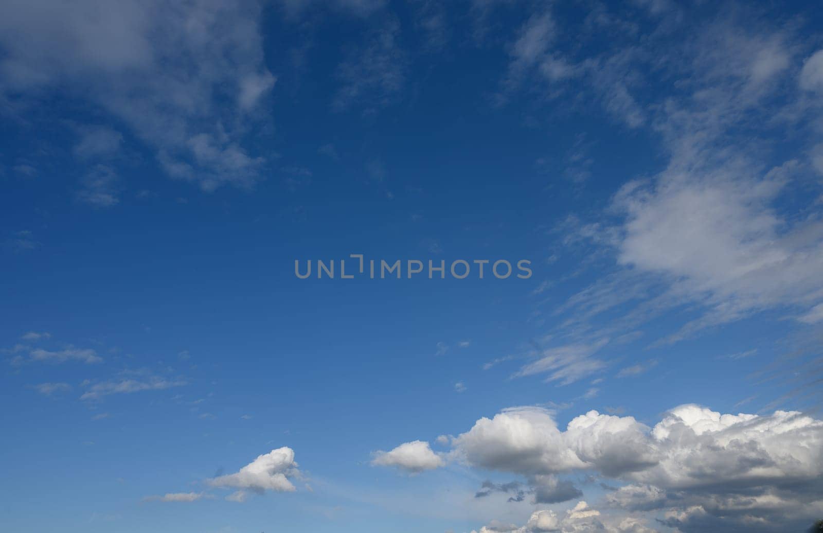 A vibrant blue sky stretches infinitely, dotted with soft, white clouds, creating a serene afternoon atmosphere.