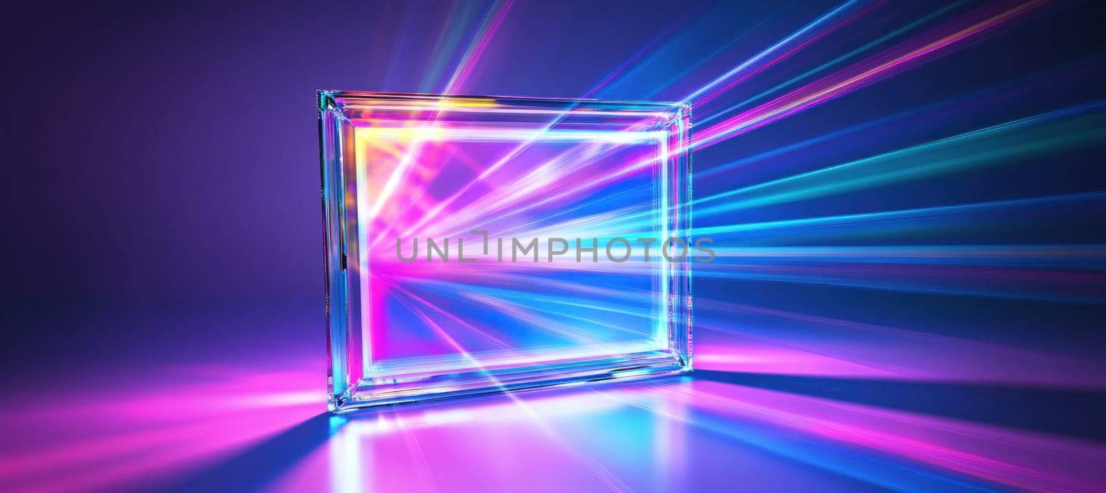 Colorful neon lights are shining through a glass frame on a reflective surface, creating a vibrant and futuristic scene