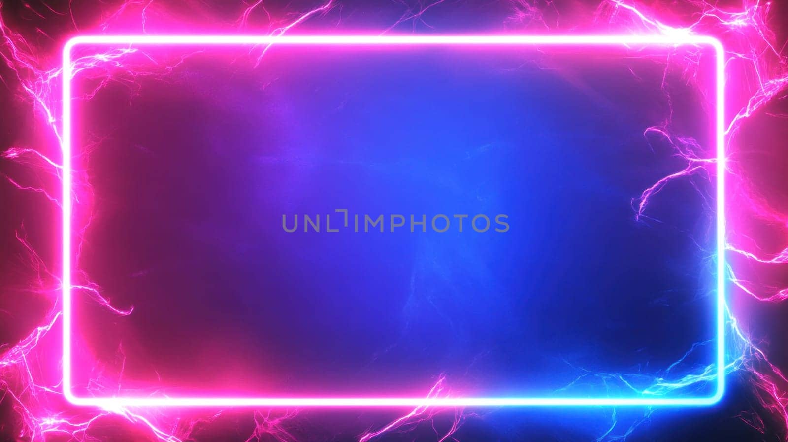 Rectangle shaped neon frame glowing with electric energy and lightning effect on a vibrant pink and blue background