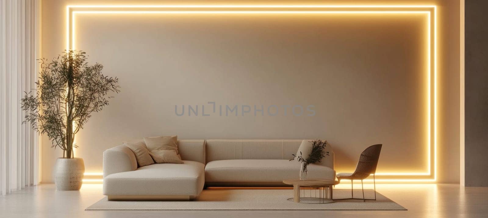 Modern minimalist living room featuring a beige sofa, olive tree, and warm ambient lighting