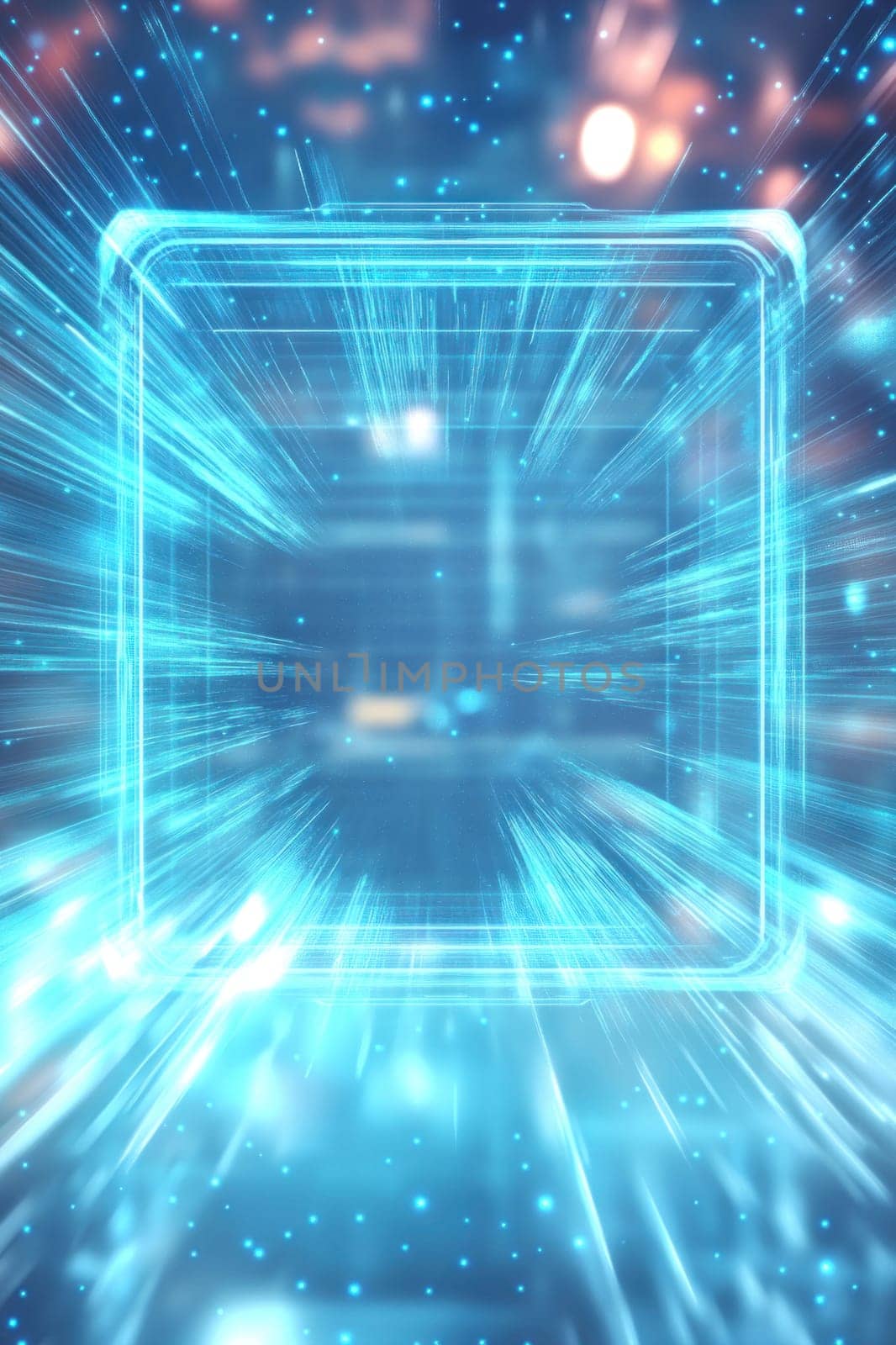 Light trails converging into a digital frame against blurred background, representing data transfer and futuristic technology