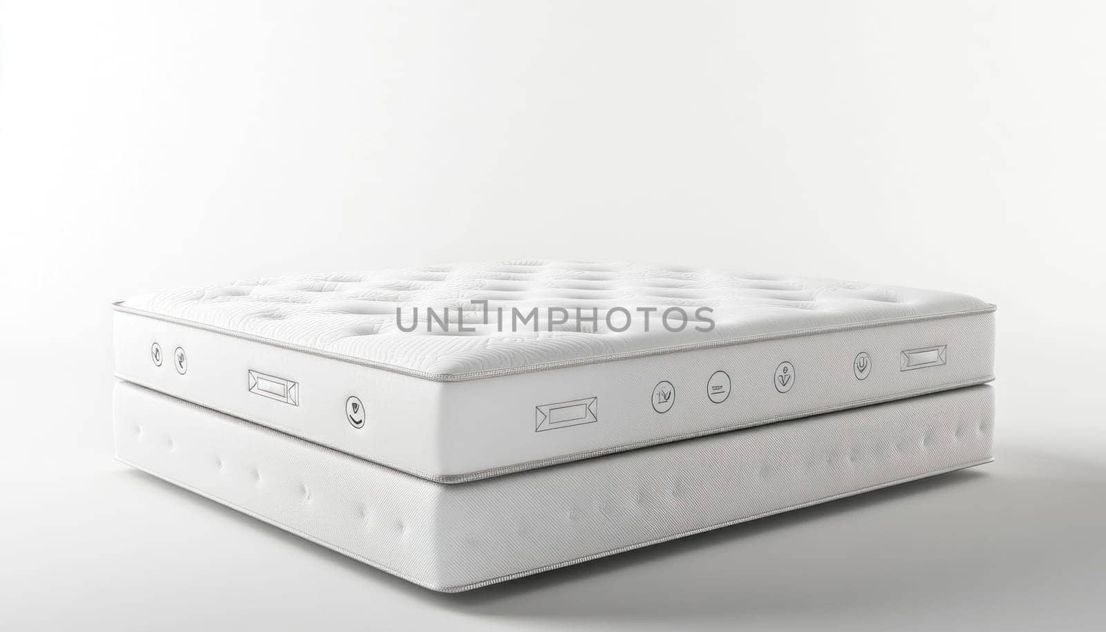 White double bed mattress resting on a white background, promoting comfort and relaxation