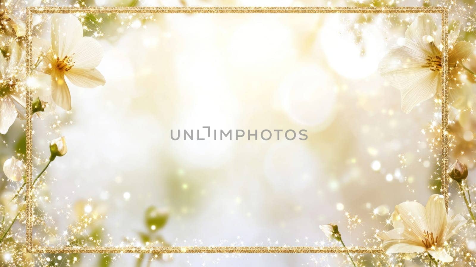 Elegant golden frame with white flowers on a blurred background with sparkling particles creates a luxurious and celebratory atmosphere