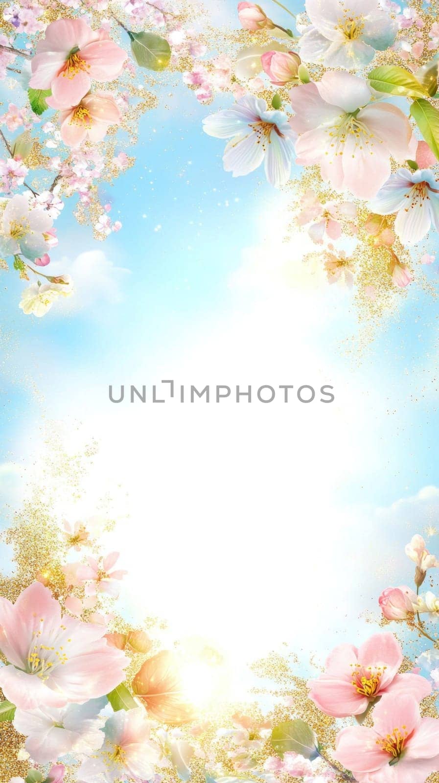 Pink and white cherry blossoms frame golden sunlight against a blue sky background, creating a dreamy spring scene
