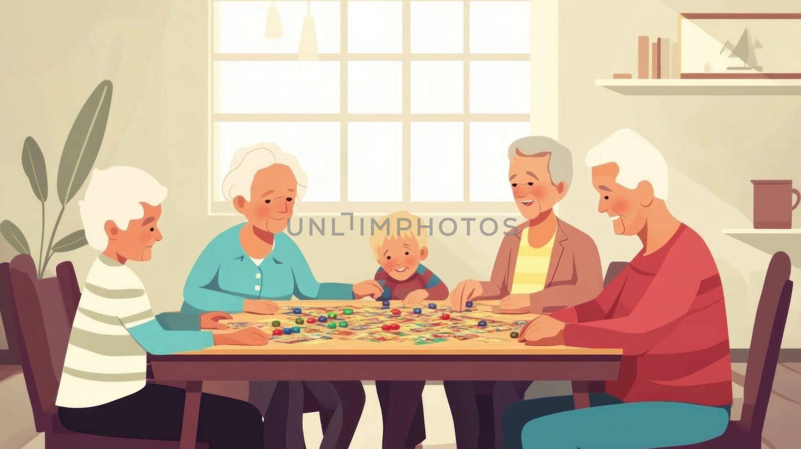 Grandparents and grandson enjoying quality time together, playing board game at home, strengthening family bonds