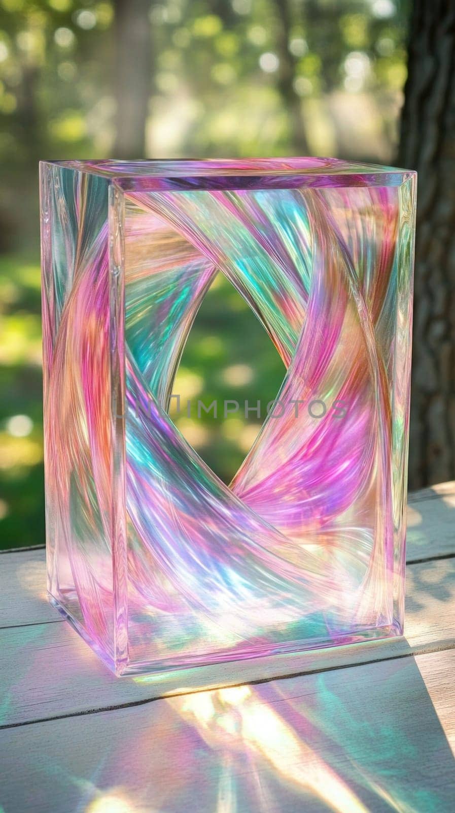 Colorful dichroic cube sculpture casting rainbow reflections on a wooden surface outdoors