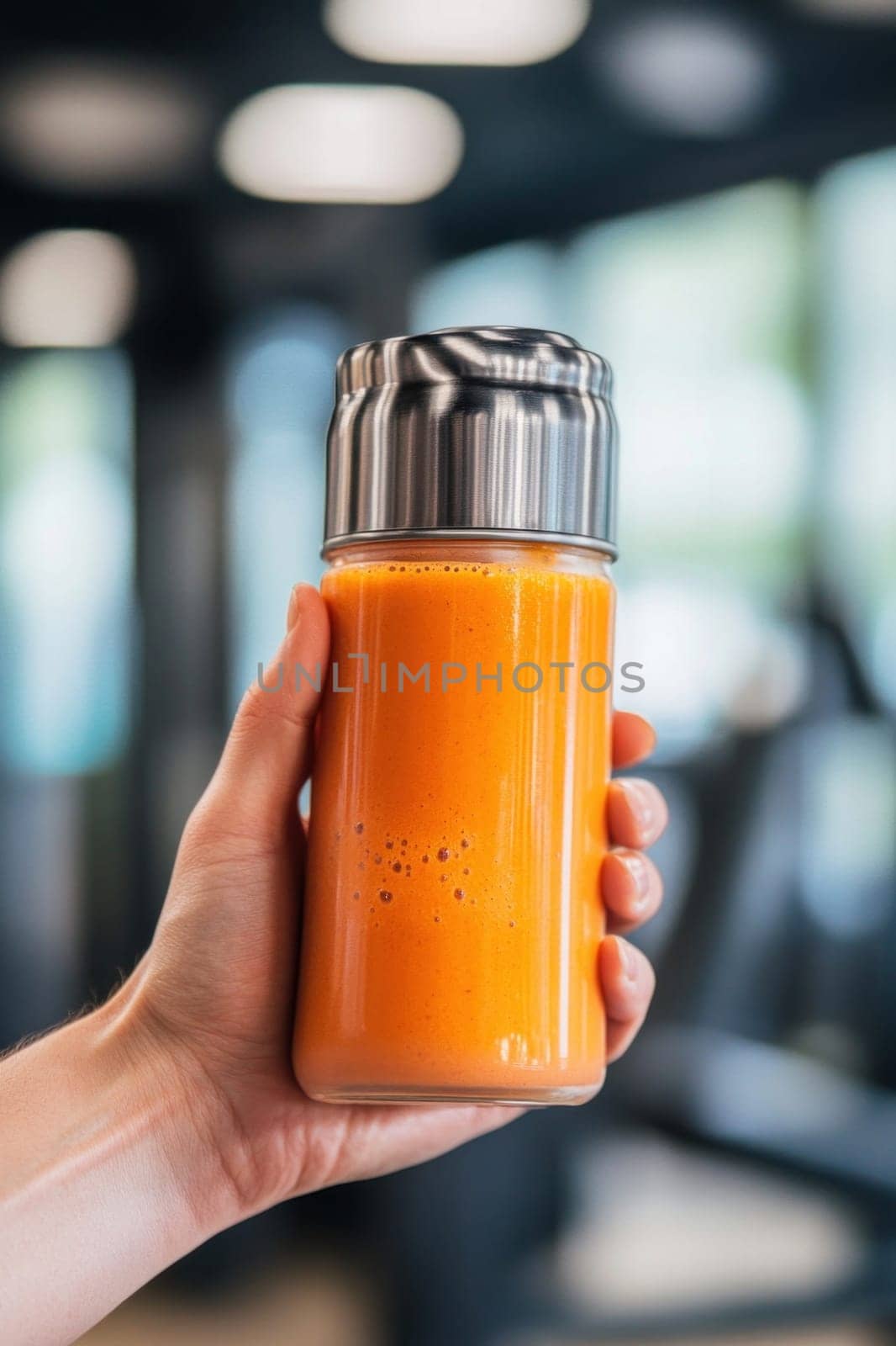 Gym goer holding a reusable bottle containing a healthy carrot smoothie