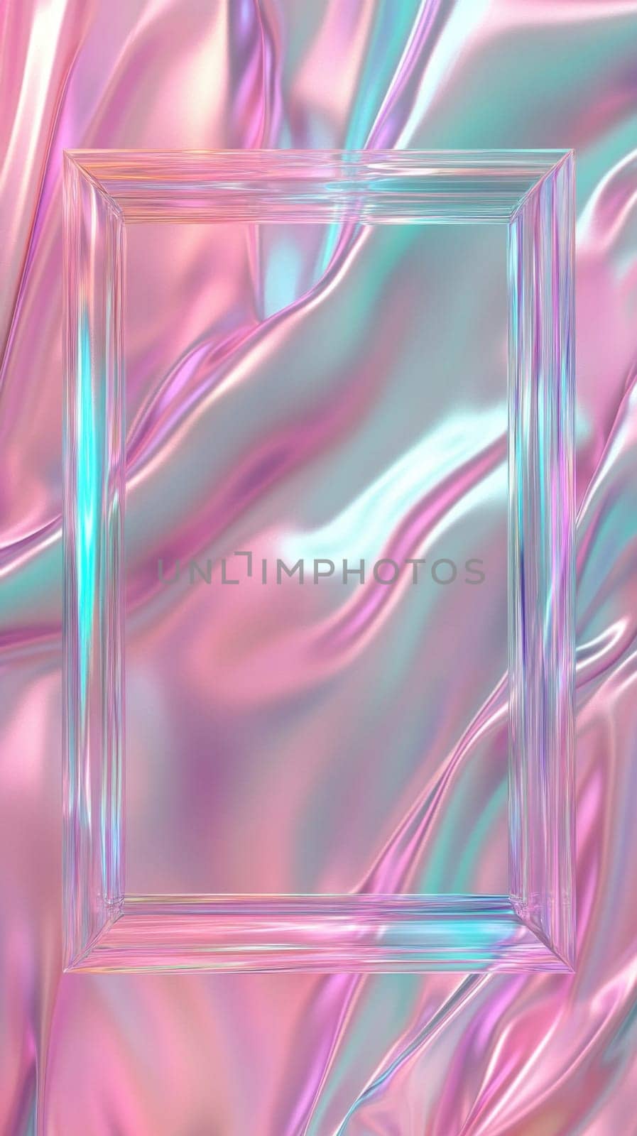 Empty glass frame with iridescent reflections lying on a holographic pastel pink and turquoise silk background