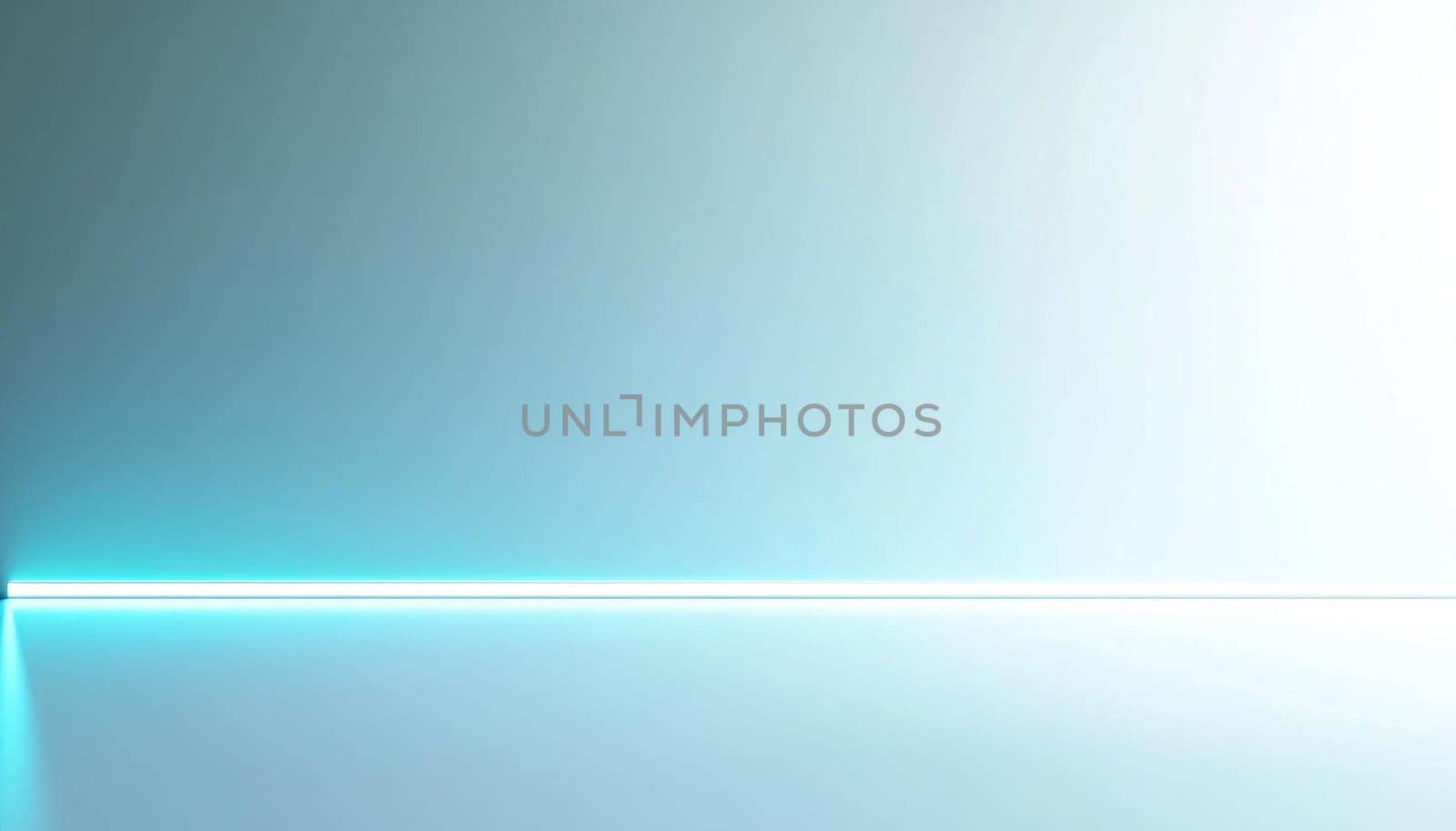 Empty room illuminated by bright neon light with light blue gradient background
