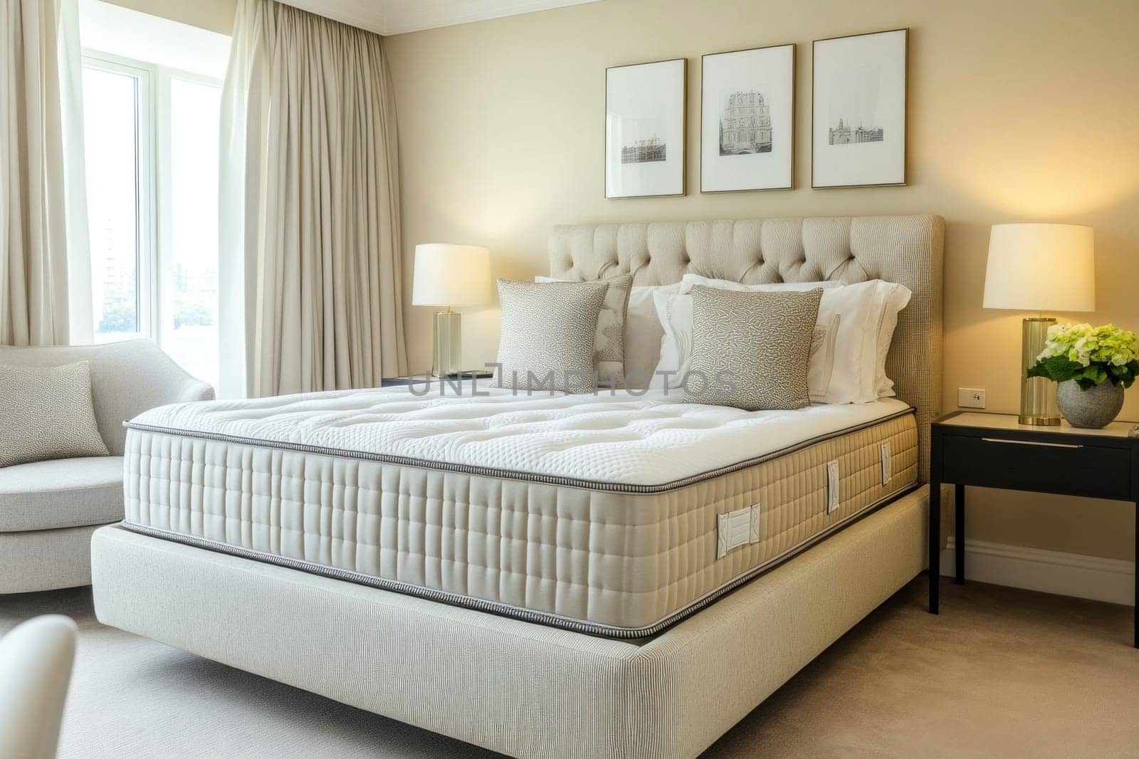 Luxurious hotel room featuring a comfortable mattress, stylish decor, and a picturesque city view