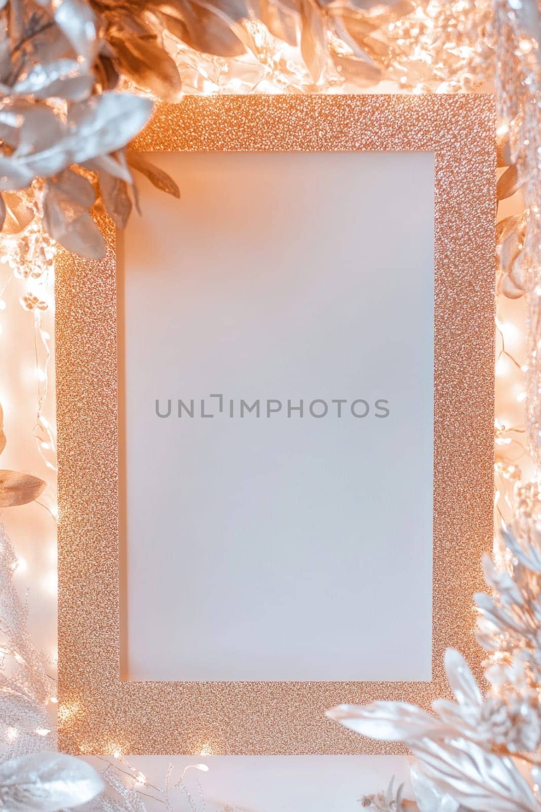 Shimmering golden frame is nestled among silver leaves and twinkling lights, creating a festive backdrop for holiday messages