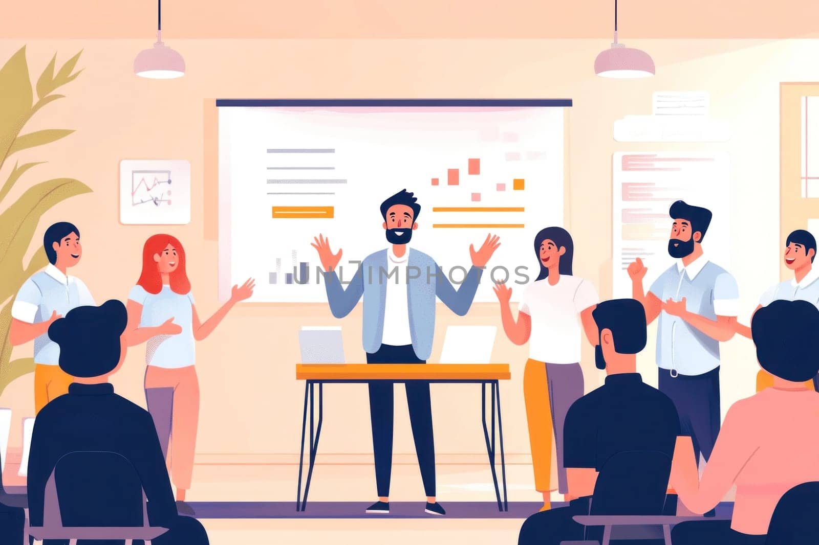 Happy business team applauding their leader during a presentation about a new project in the office
