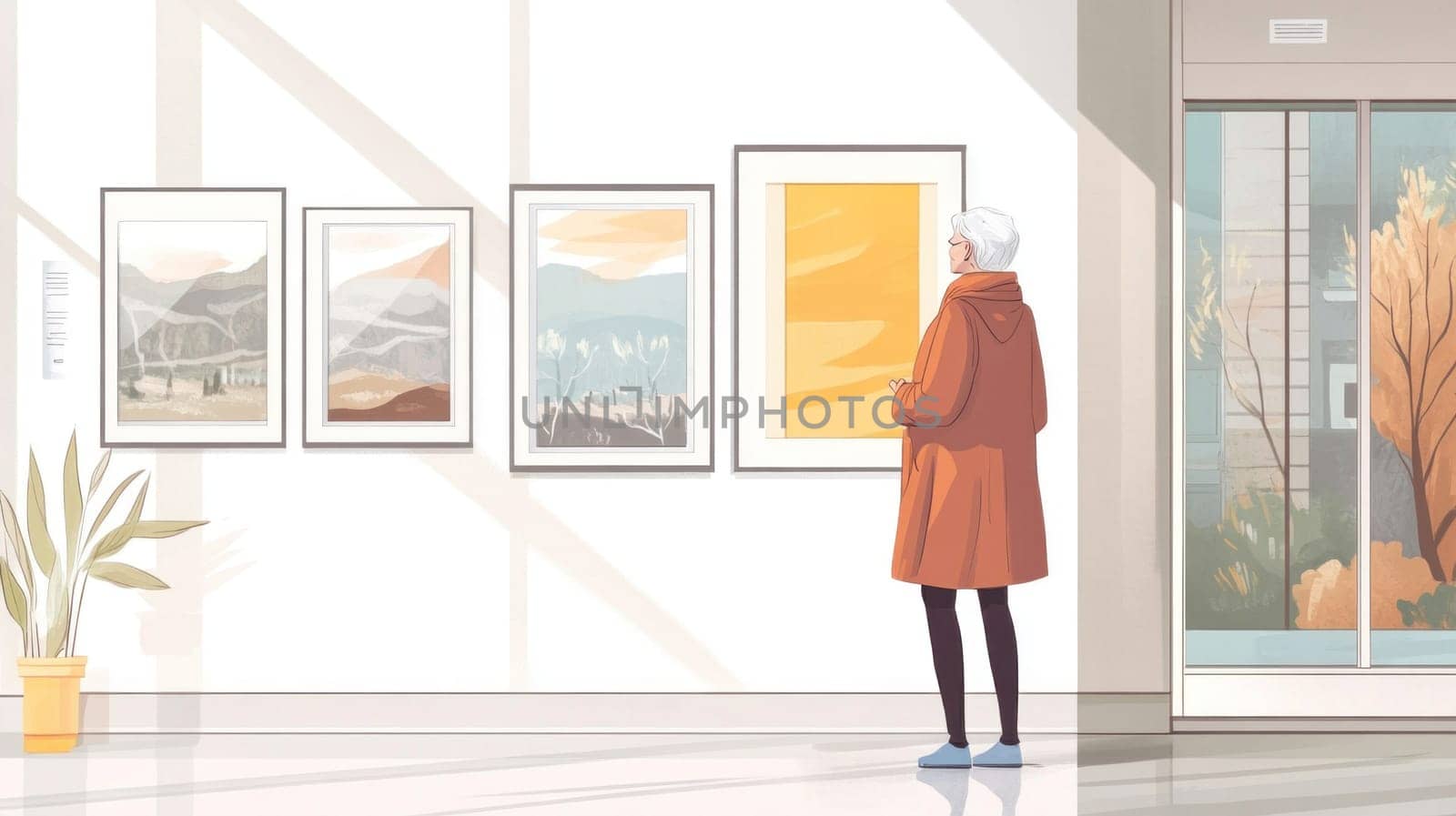 Senior woman enjoying artwork in a bright and spacious art gallery, contemplating colorful paintings