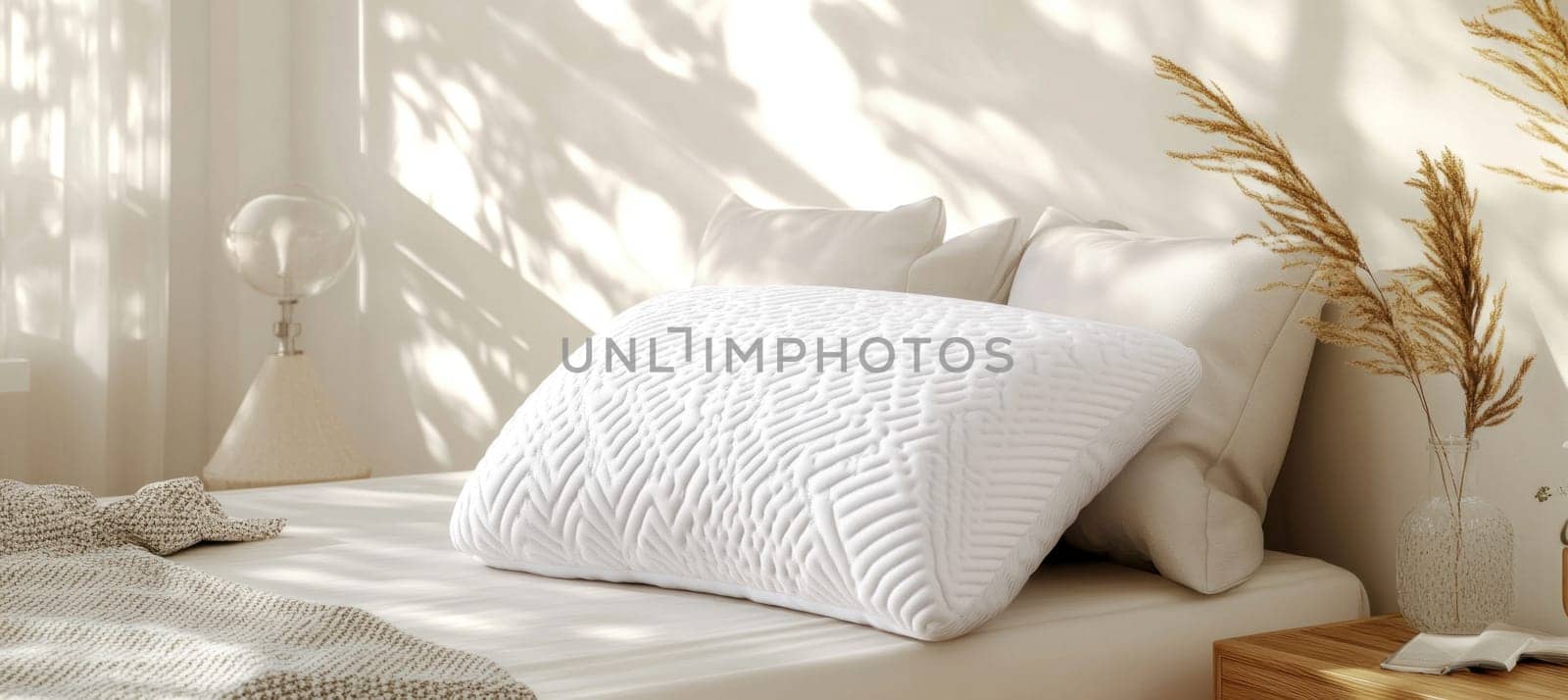 White orthopedic pillow on bed with sunlight streaming through window, creating peaceful atmosphere