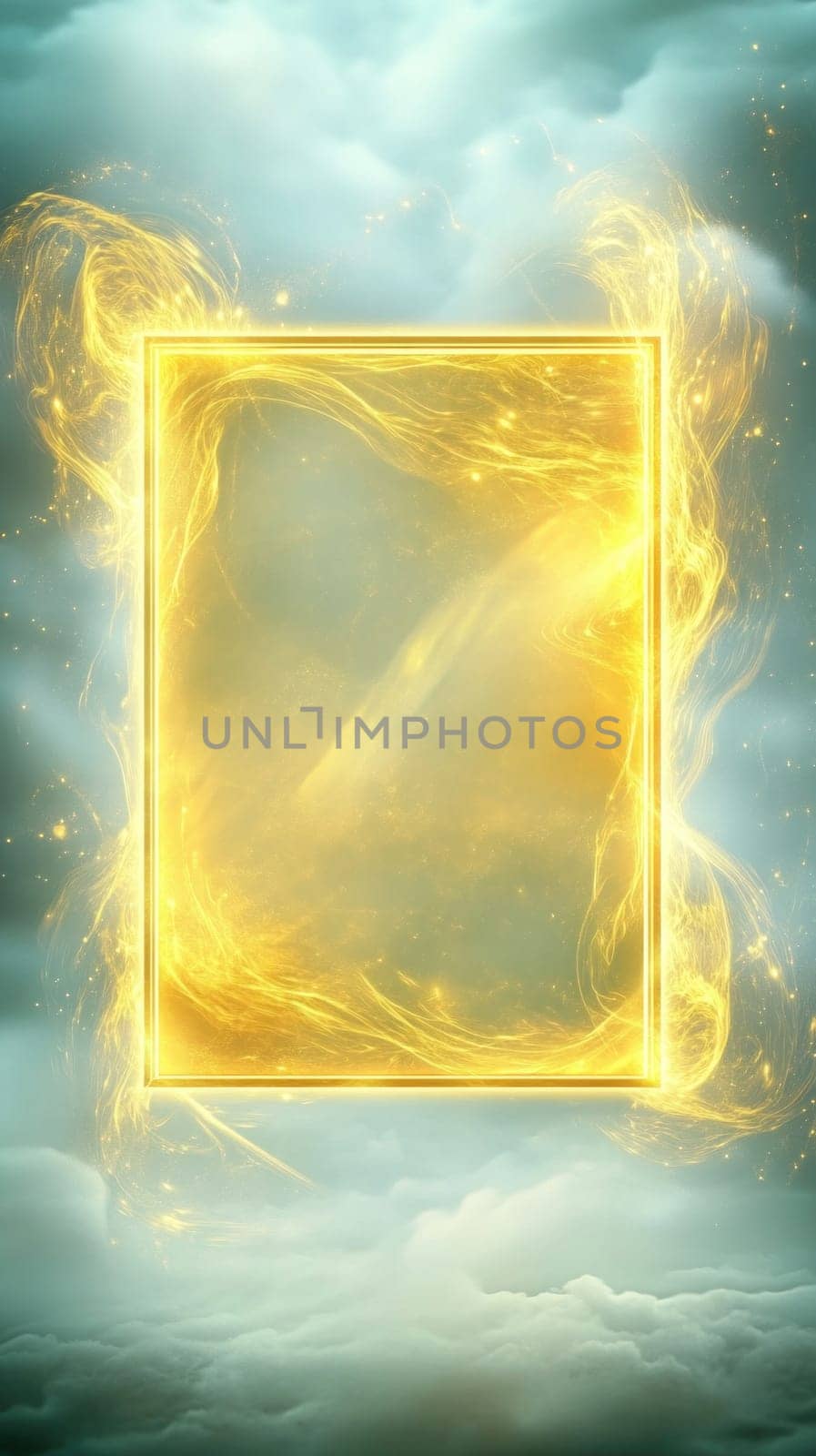 Golden frame radiating magical energy, floating amidst clouds, creating a mystical and enchanting atmosphere