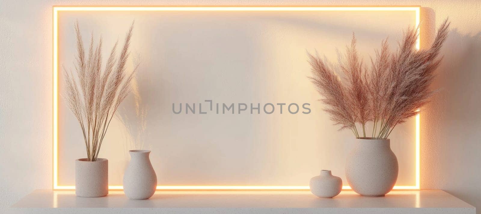 Modern interior design featuring pampas grass in vases, illuminated by an led light frame, creating a warm and stylish atmosphere