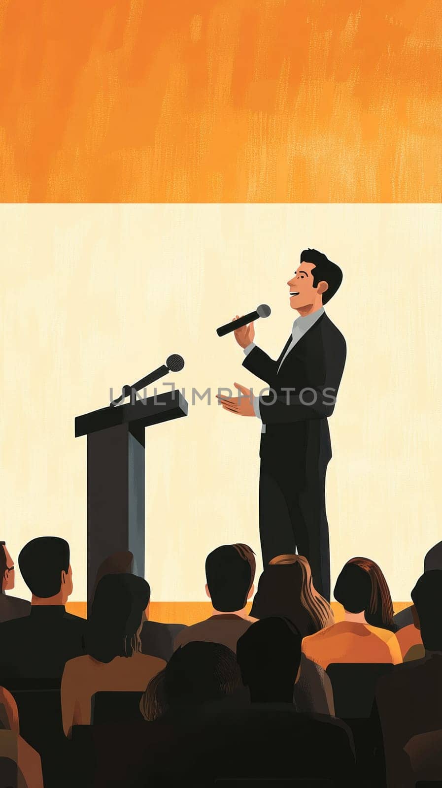 Businessman giving a speech holding a microphone on a stage in front of an audience