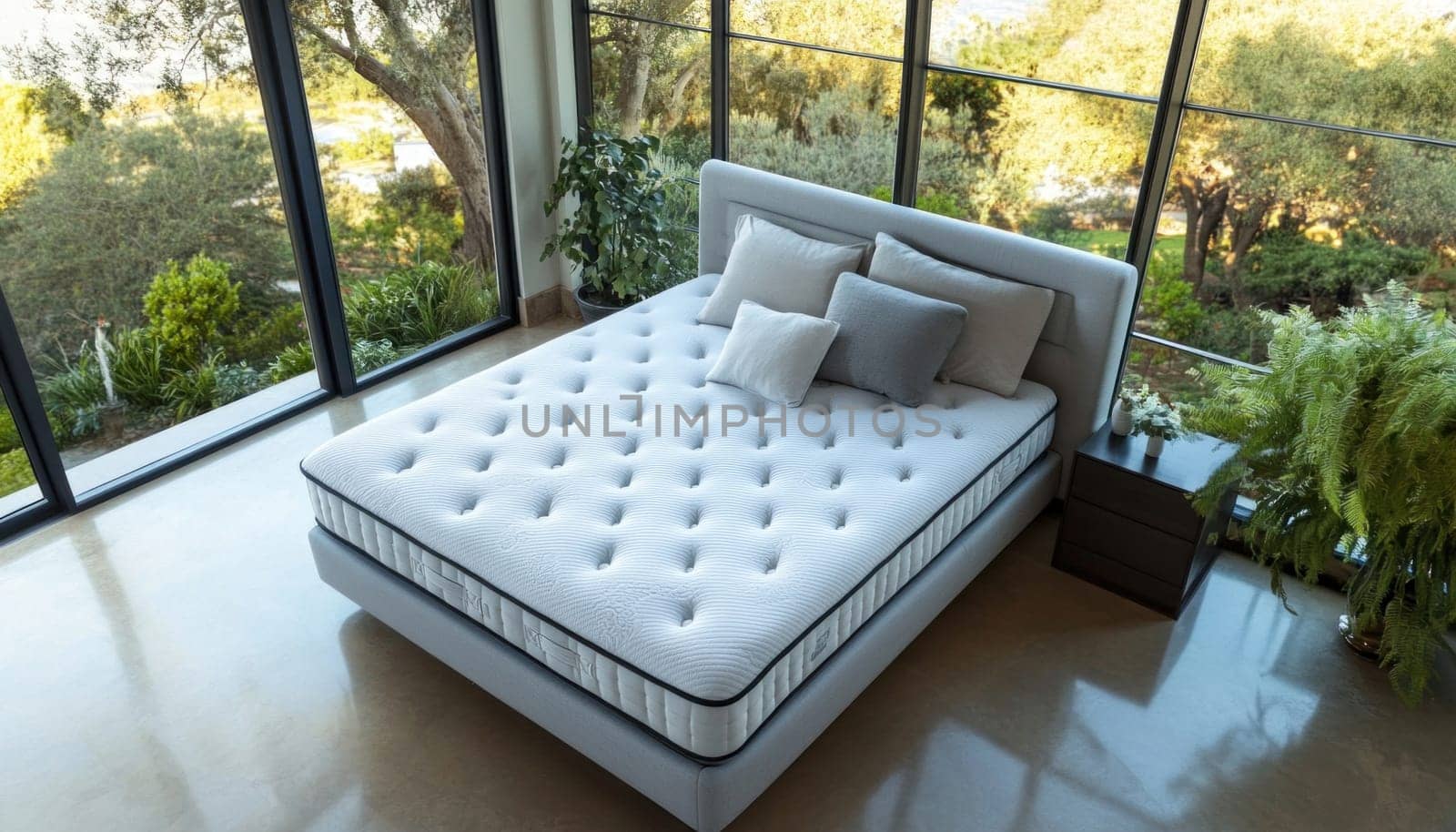 King size mattress with soft pillows on bed in spacious bedroom with large windows overlooking a garden
