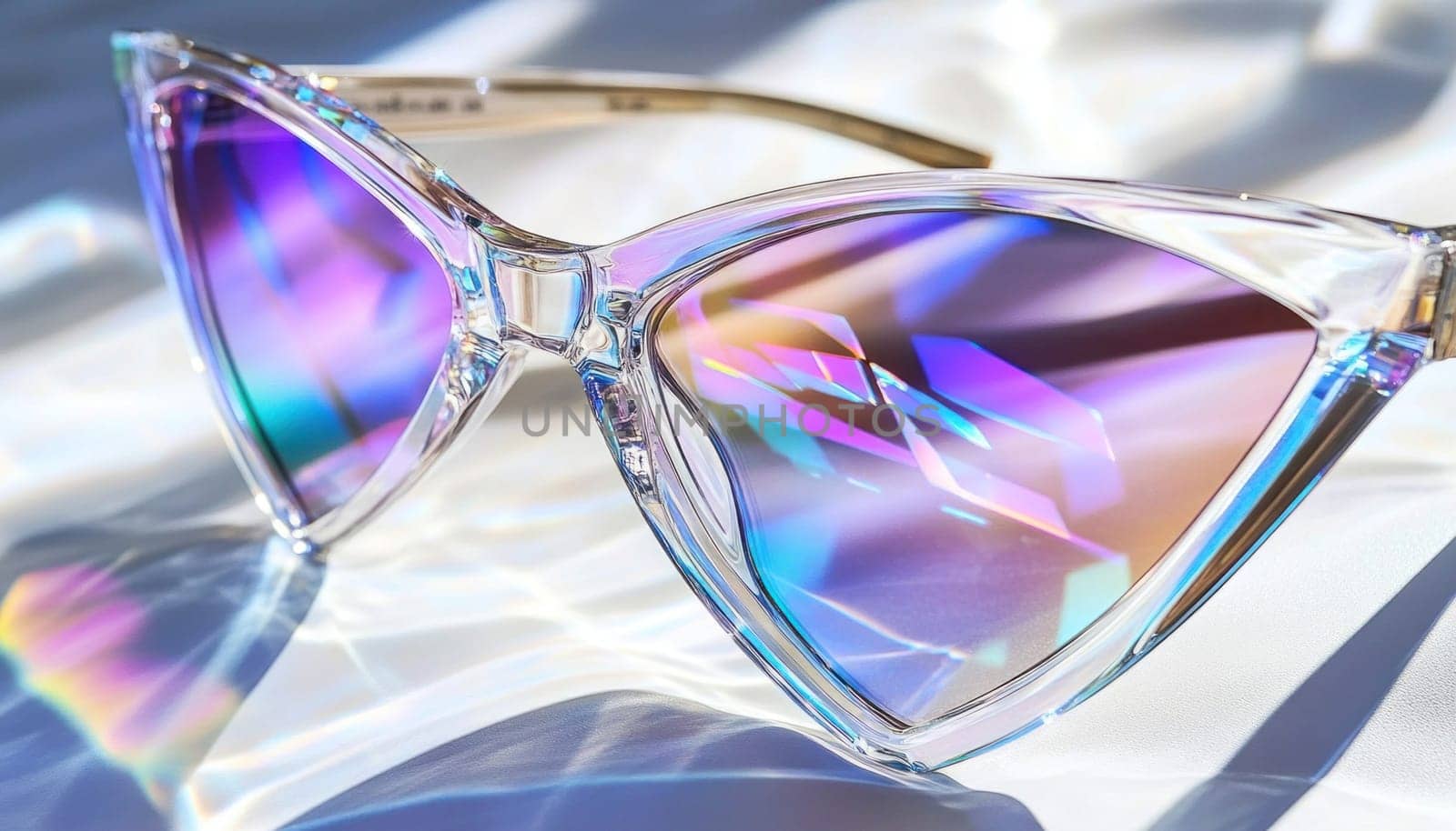 Trendy cat eye sunglasses with iridescent lenses reflecting vibrant, holographic rainbow colors, creating a fashionable and futuristic look