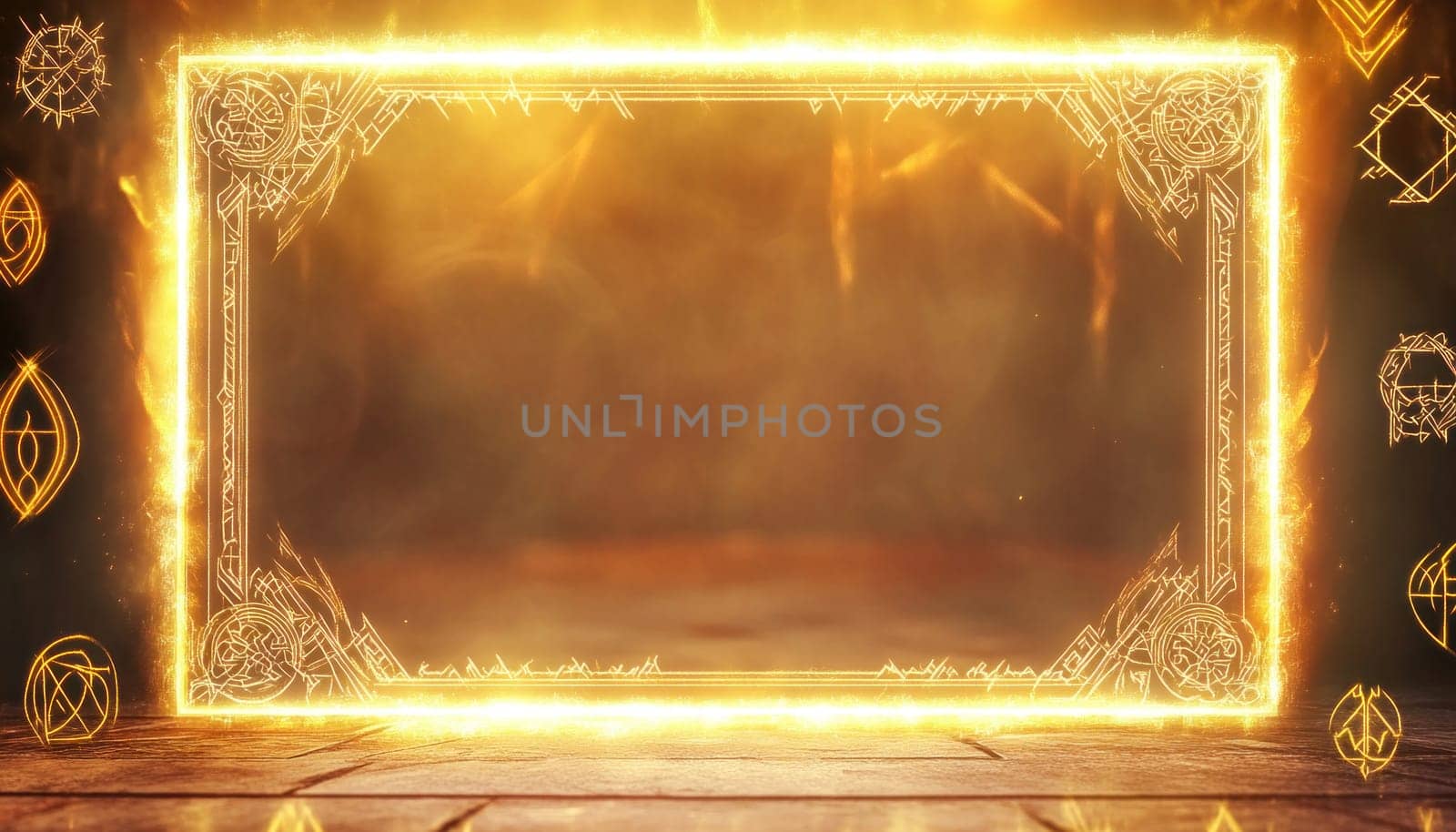 Empty golden frame with magical symbols shining brightly on a stone floor, creating a mystical atmosphere