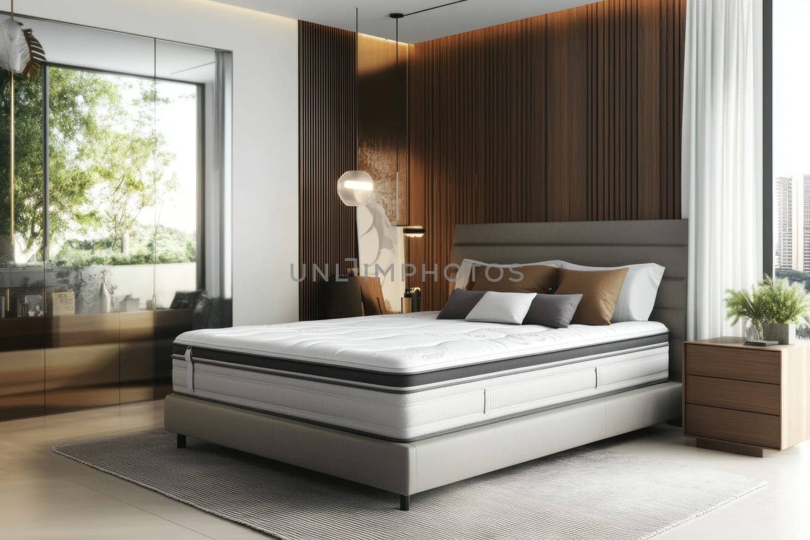 Modern bedroom featuring a comfortable mattress, promoting relaxation and good sleep in a stylish setting